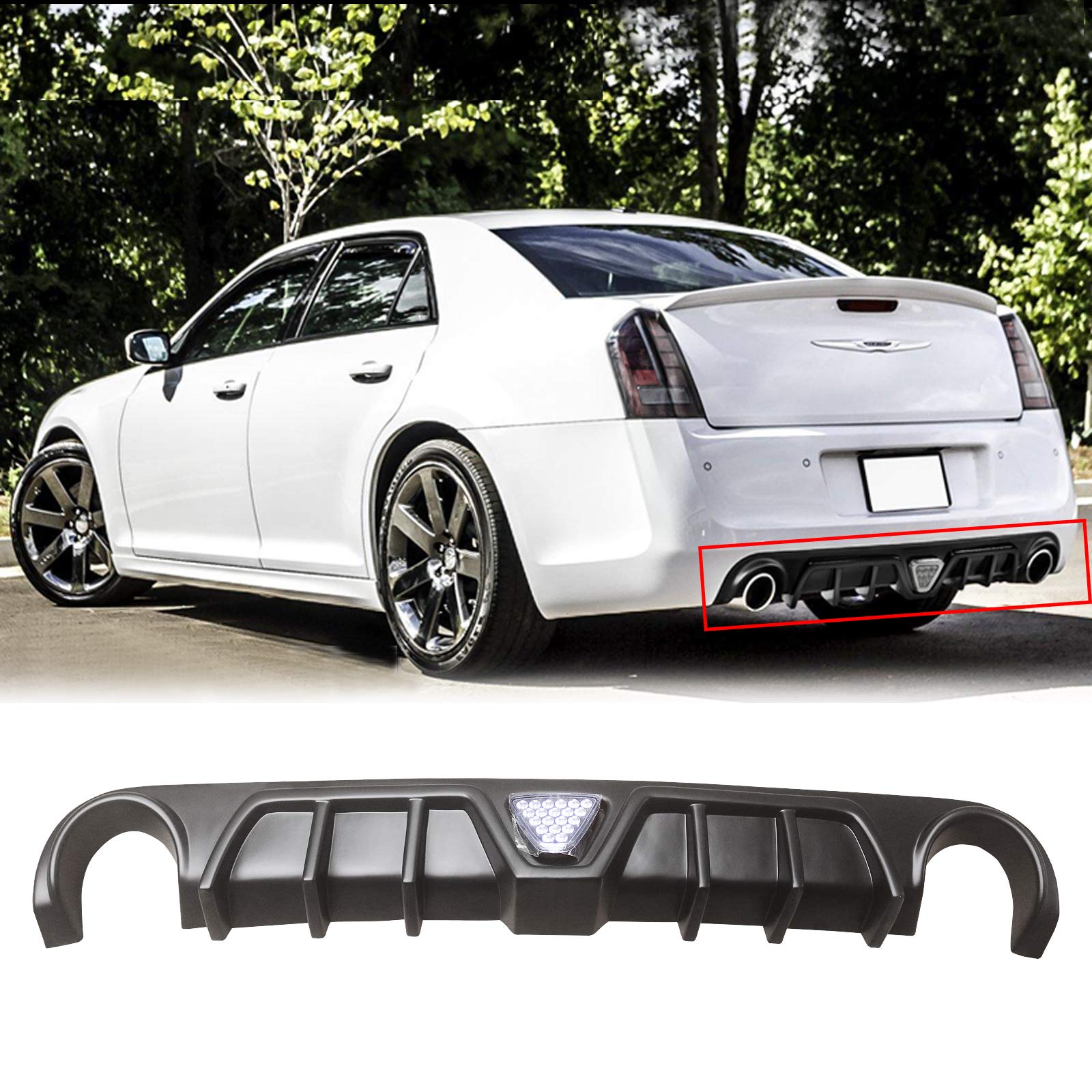 NINTE Rear Diffuser for 2012-2014 Chrysler 300 SRT8 | Real LED Light | Shark Fin Design | PP Matte Black Lower Bumper Lip | Enhances Aerodynamics & Style for Street Racing & Car Shows
