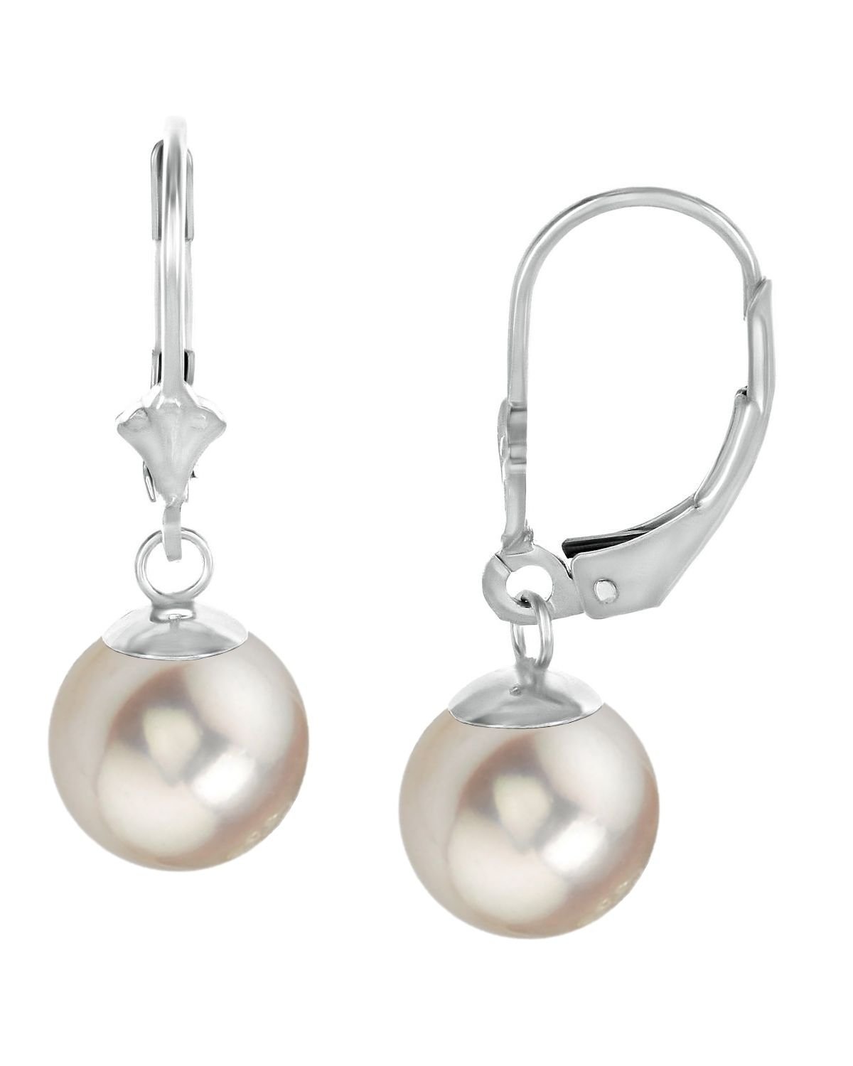THE PEARL SOURCE Sterling Silver Round Genuine White Freshwater Cultured Pearl Leverback Earrings for Women | Elegant Pearl Jewelry Gift for Brides, Weddings & Special Occasions