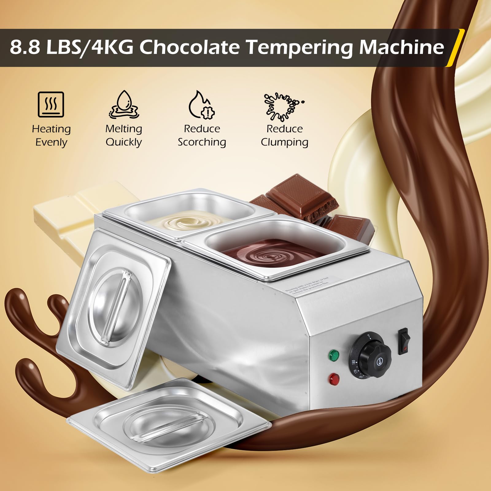 Dyna-Living 2-Tank Commercial Chocolate Melting Pot - 1000W Electric Chocolate Tempering Machine & Warmer for Milk, Coffee, Cheese - Perfect for Bakeries, Candy Shops & Home Chocolate Making