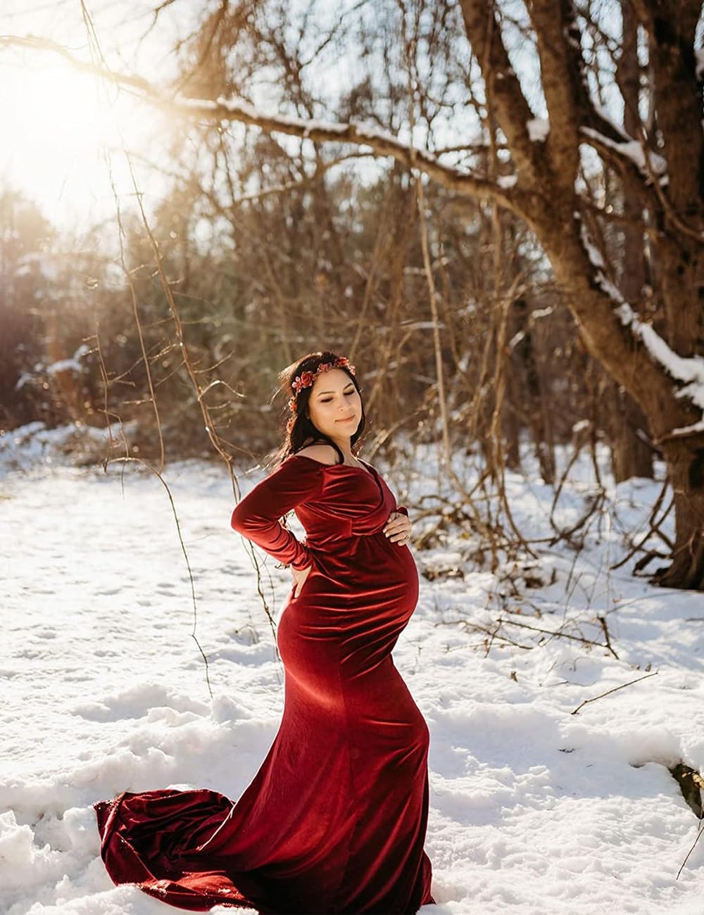 Elegant Velvet Maternity Dress - Off Shoulder Long Sleeve Fitted Gown for Pregnancy Photoshoot, Baby Shower & Special Occasions | Stretchy Maxi Photo Prop Dress for Women