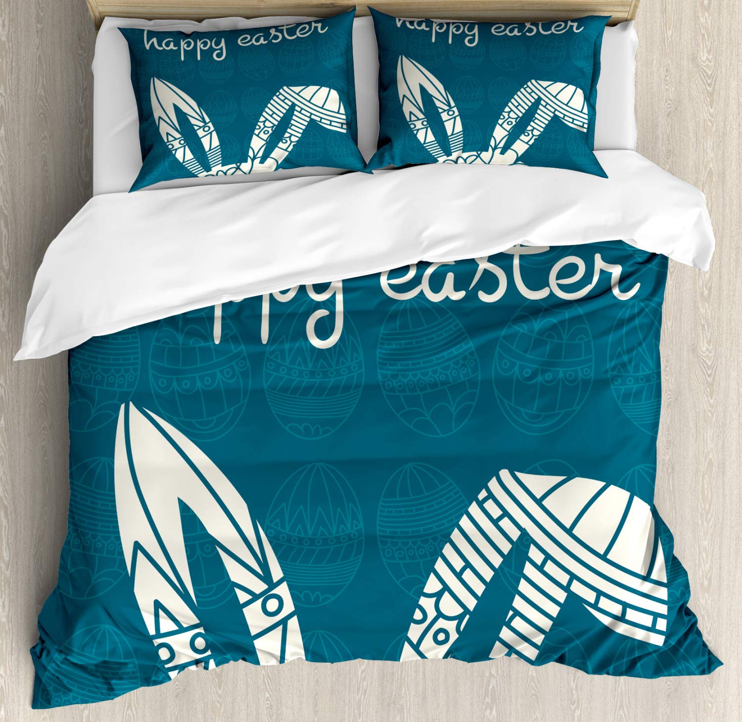 Ambesonne Easter Duvet Cover Set - King Size 2-Pack with Bunny Ear Design & Geometric Patterns on Dark Egg Background, Includes 2 Duvet Covers & 4 Pillowcases in Cream Petrol Blue | Perfect for Spring Bedroom Decor, Holiday Guest Rooms & Cozy Seasonal Home Styling