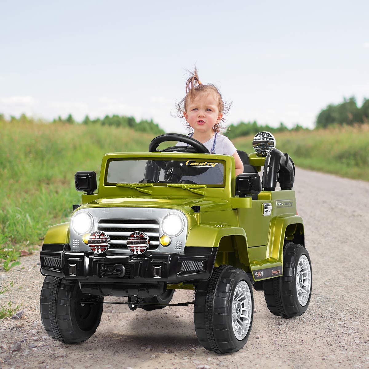 HONEY JOY 12V Battery Powered Ride On Truck for Kids - Remote Control Electric Car with MP3 Player, Music, Horn, LED Lights & Spring Suspension - Open Door Design for Boys & Girls (Green) - Perfect for Indoor Play, Outdoor Adventures & Birthday Gifts