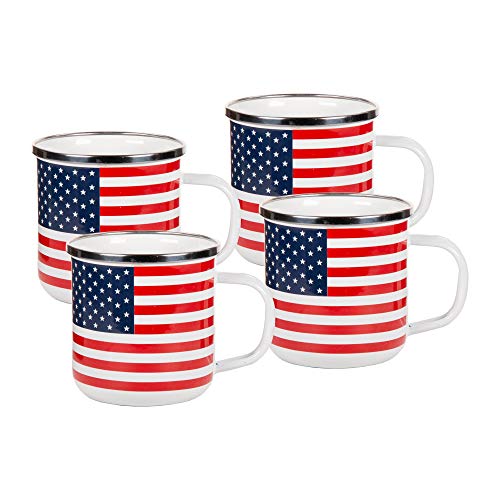 Stars & Stripes Enamelware 12 oz. Coffee Mugs, Set of 4 - Patriotic American Flag Design for Camping, Picnics & Outdoor Adventures