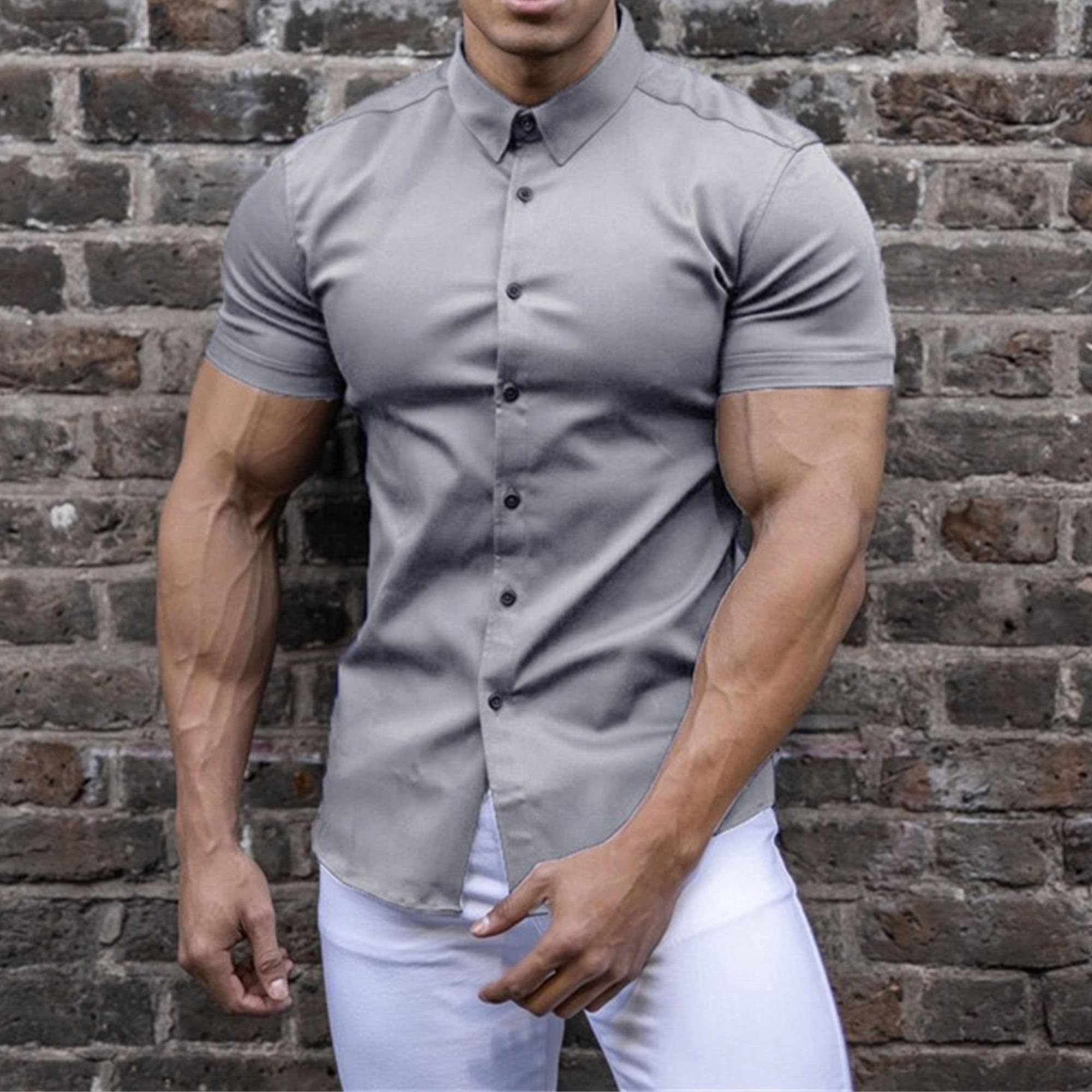Men's Slim Fit Stretch Dress Shirts - Athletic Muscle Fit Short Sleeve Button Down Casual Shirt for Summer | Perfect for Office, Business Casual & Outdoor Events