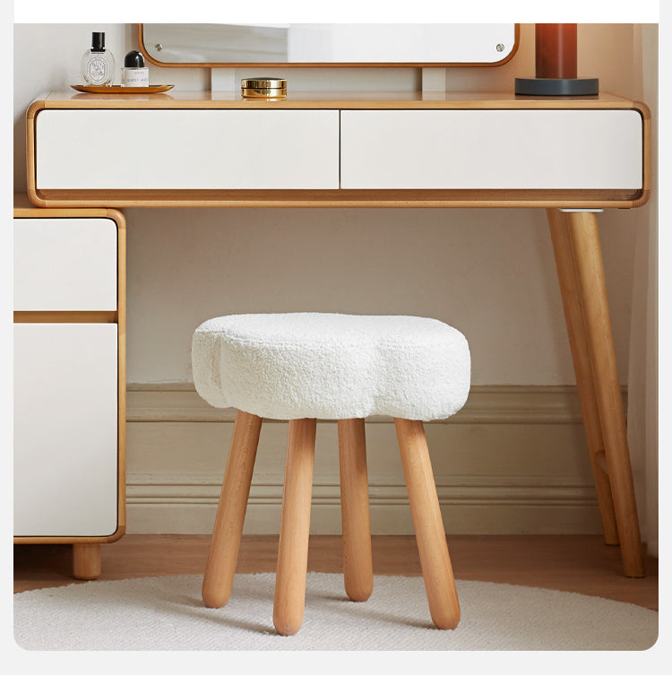 Solid Wood Makeup Stool - Beech & Birch with Lamb Velvet Upholstery | Cloud-Shaped Seat for Vanity, Dressing Room & Bedroom Decor