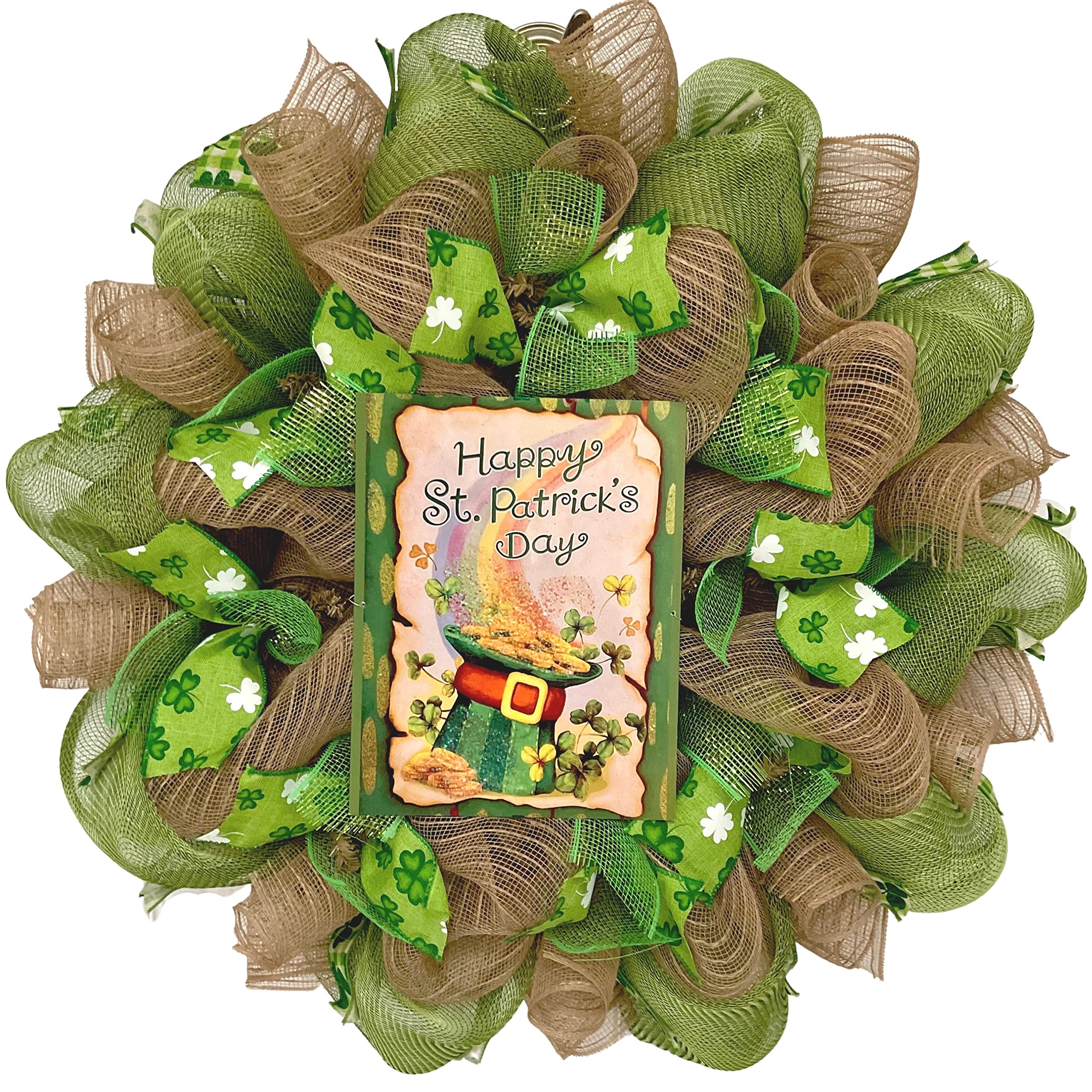 Happy St. Patrick's Day Leprechaun Hat with Rainbow - Handmade Deco Mesh Wreath for Door Decor, Party Supplies & Irish Festival Celebration