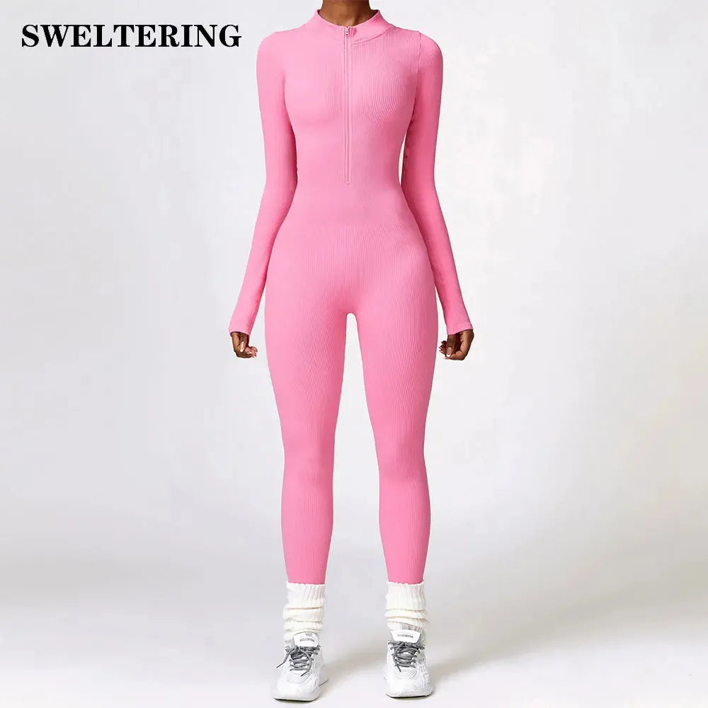 Women's Ribbed Jumpsuit One Piece with Zipper - Long Sleeve Yoga Outfit, Gym Push Up Workout Clothes, Fitness Bodysuit & Sportswear Tracksuit for Yoga, Running, Gym & Casual Wear