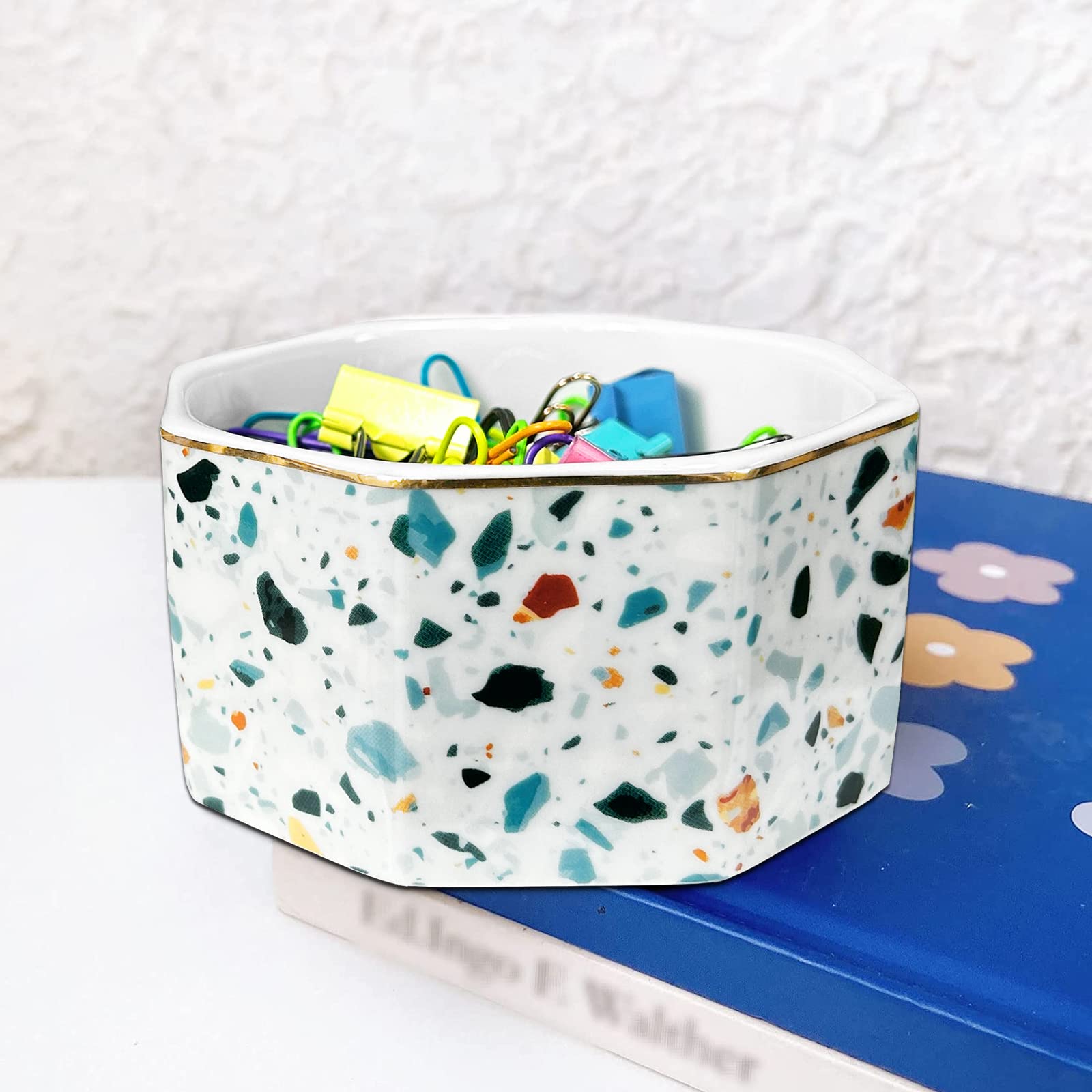 Ceramic Paper Clip Holder - Cute Terrazzo Marble Desk Organizer for Paperclips, Binder Clips & Bobby Pins | Office Gift Idea | Perfect for Home, Office & School Use (Blue)