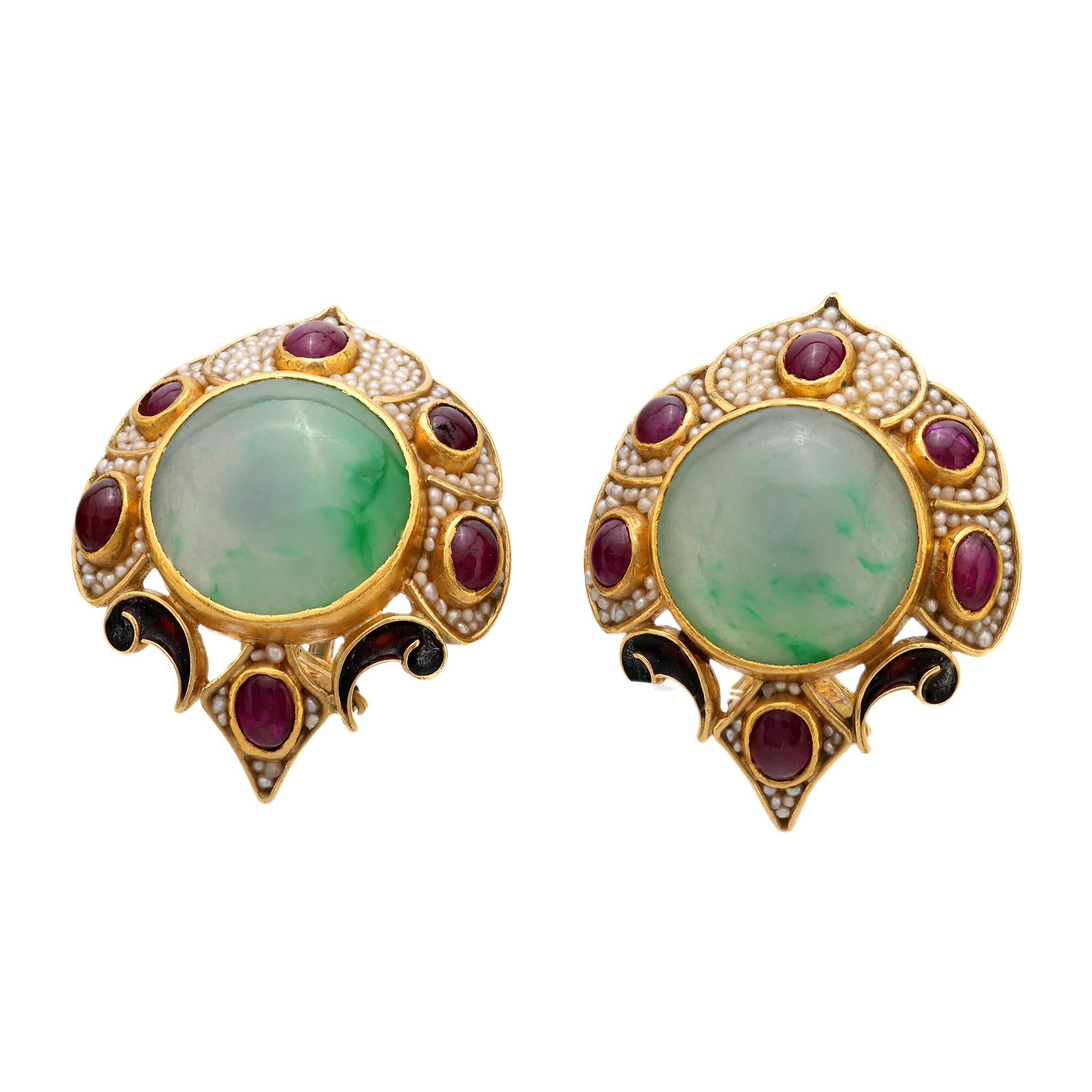 Vintage Jade Ruby Seed Pearl 18K Yellow Gold Earrings - Elegant Dangle Earrings for Women, Perfect for Weddings, Parties & Special Occasions