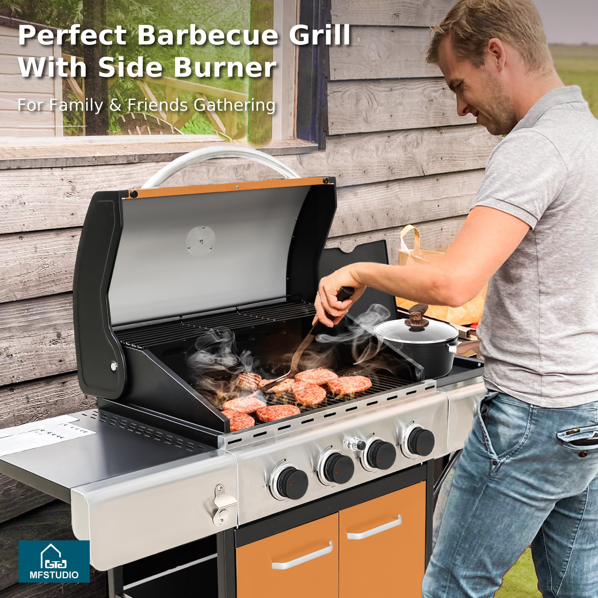 MFSTUDIO 4-Burner Propane Gas Grill - Stainless Steel BBQ Grill with Side Burner & Porcelain-Enameled Cast Iron Grates | High Output Outdoor Cooking for Backyard, Patio, Camping & Tailgating | Gold Finish