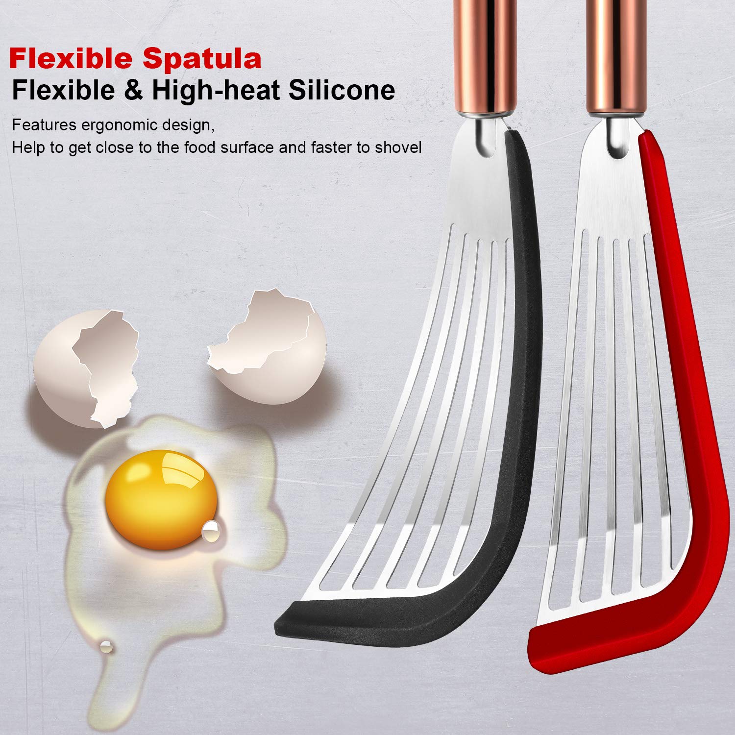 2-Piece Flexible Stainless Steel Slotted Spatula Set with Silicone Edge & Golden Handle - Black & Red Kitchen Turner for Flipping Pancakes, Eggs & Burgers - Perfect for Non-Stick Cookware & Grilling