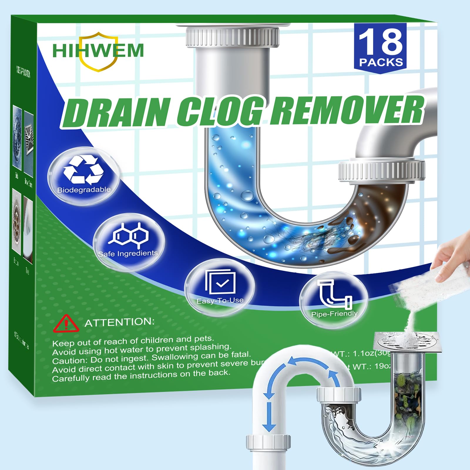 **Powerful Drain Clog Remover Powder - 18-Pack Heavy Duty Sink & Shower Cleaner for Hair, Grease & Clogs | Safe for Pipes | Ideal for Kitchen, Bathroom & Home Maintenance**
