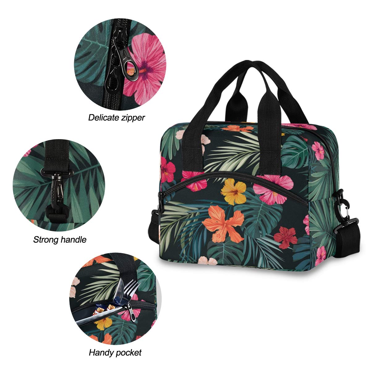 Blueangle Bright Hibiscus Flowers Insulated Lunch Box Cooler Bag - Leakproof Portable Lunch Tote with Detachable Shoulder Strap for Men & Women - Perfect for Work, Beach, Picnic, Camping & Outdoor Activities