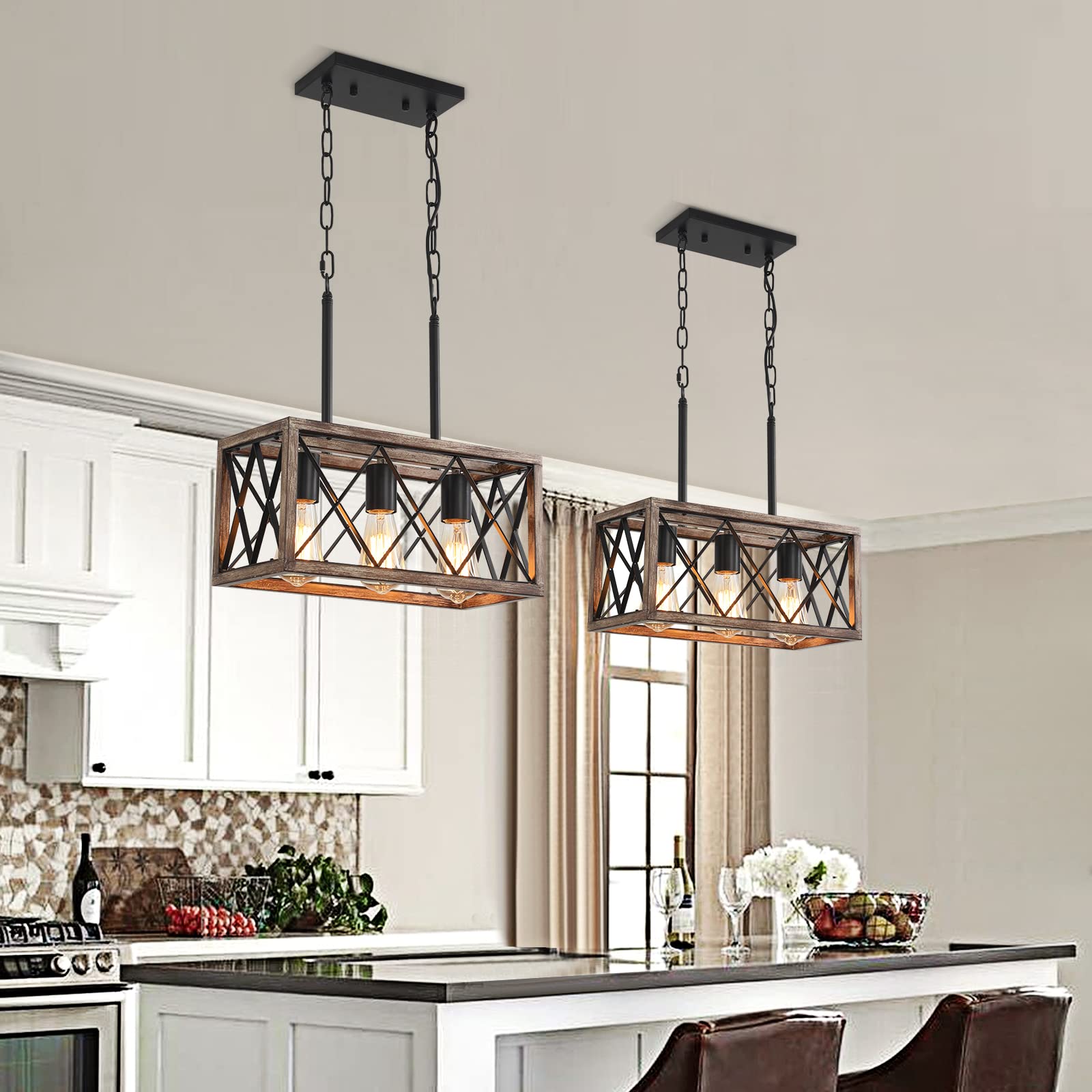 KEESFU Farmhouse Kitchen Island Lighting - 3 Lights Adjustable Height Pendant Fixtures, Industrial Wood Grain Dining Room Light for Living Room, Foyer, Over Sink, and Breakfast Bar