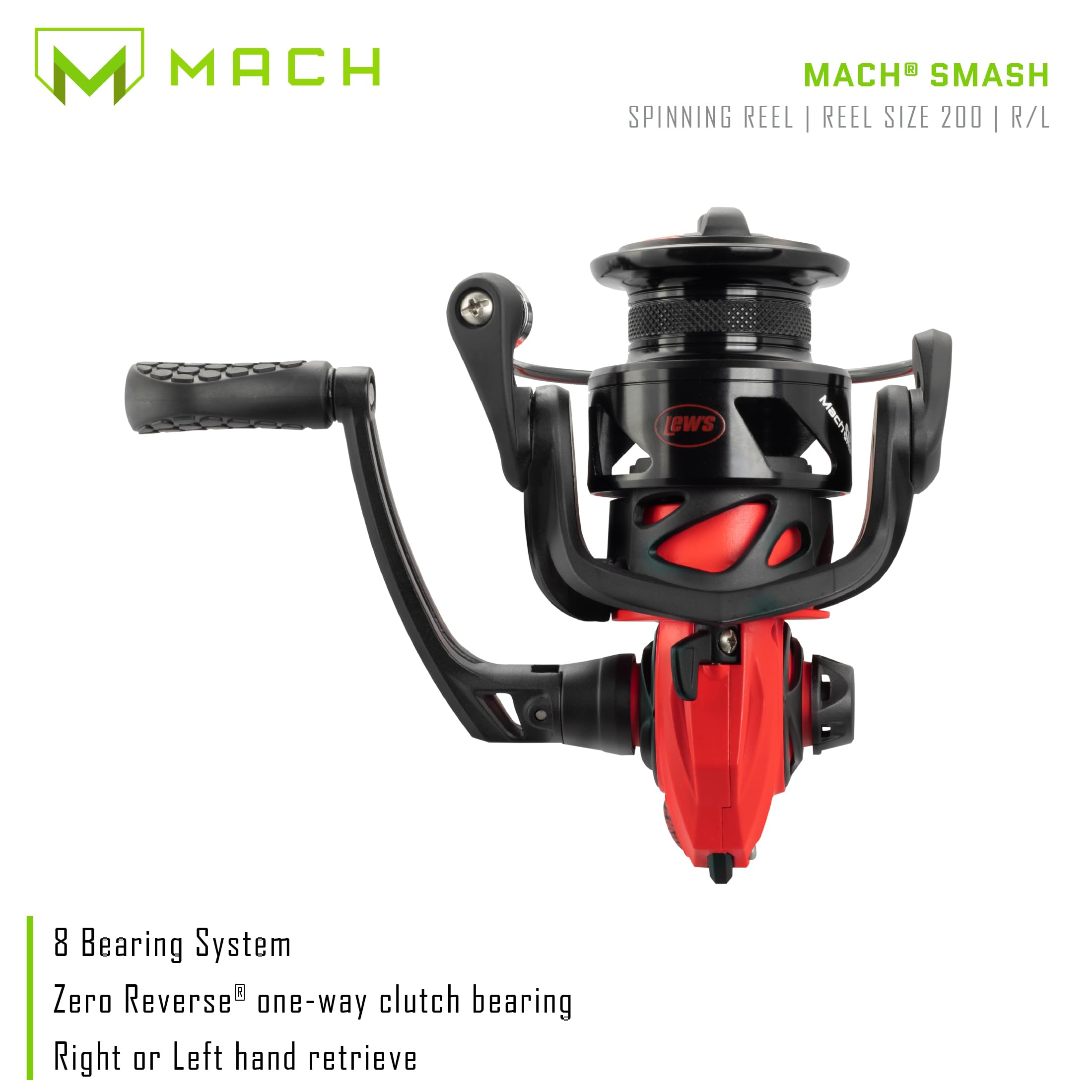 Lew's MACH Smash Speed Spin Spinning Fishing Reel - High Performance 6.2:1 Gear Ratio, Ambidextrous Right/Left Hand Retrieve, Durable Graphite Frame, Smooth 8-Bearing System in Fluorescent Red - Perfect for Freshwater & Saltwater Fishing, Bass, Trout & Walleye Angling
