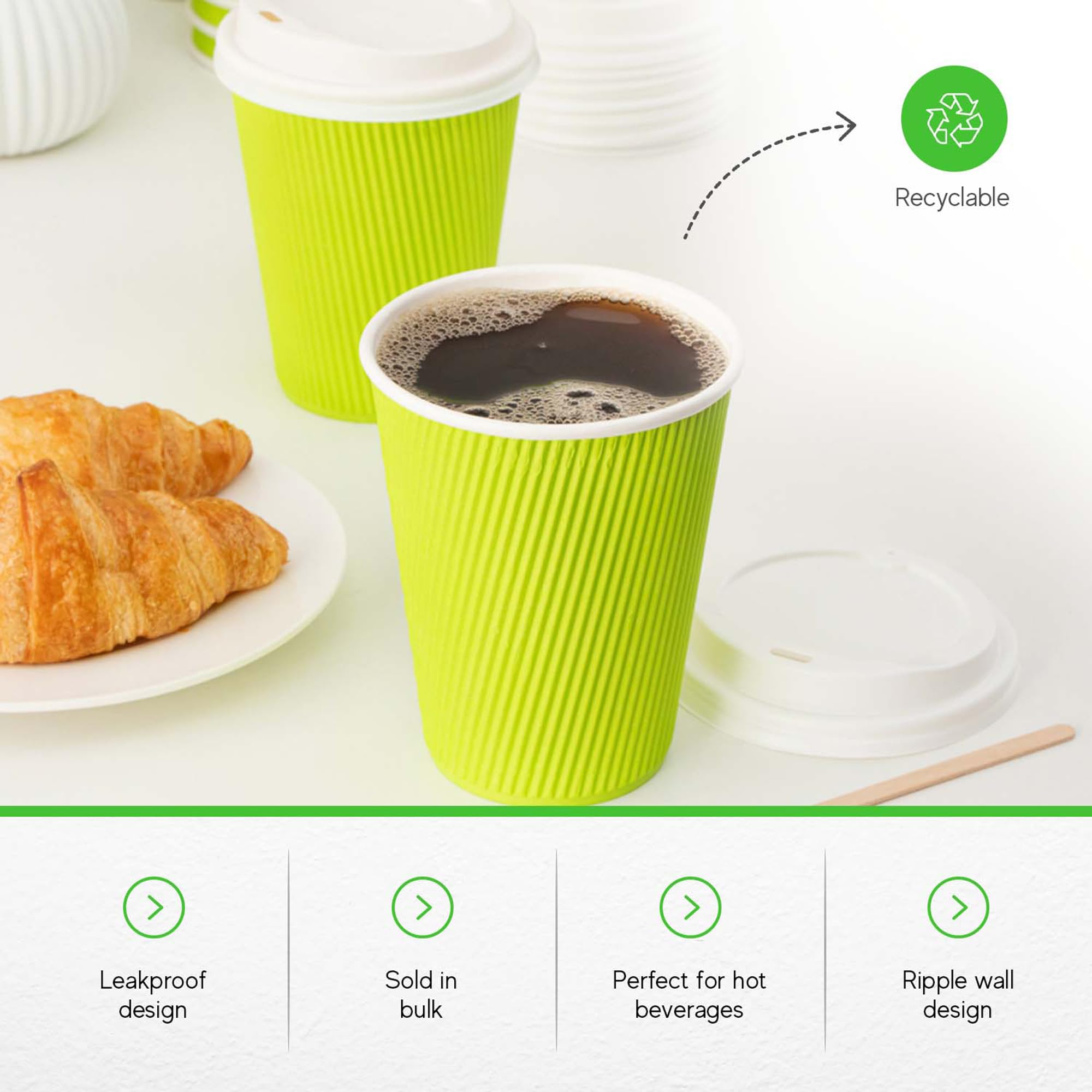 12oz Disposable Coffee Cups - 500 Pack Eco-Friendly Ripple Wall Hot Cups for Coffee, Tea & Hot Beverages | Rolled Rim, Insulated Paper Cups | Lids Sold Separately | Perfect for Cafes, Offices & Events