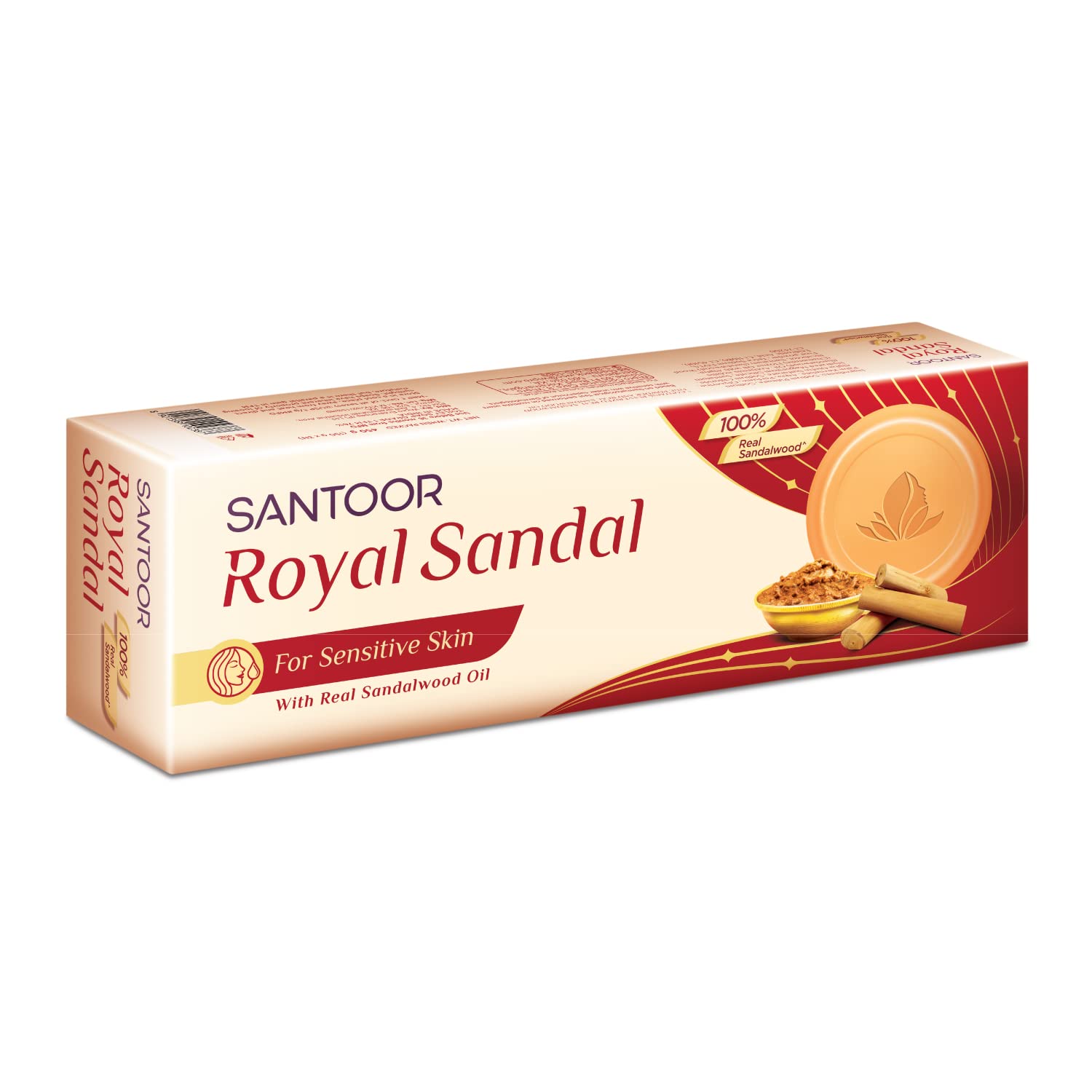 Santoor Royal Sandal Bathing Soap for Sensitive Skin - 100% Natural Sandalwood Oil & Powder with Chamomile Oil & Creamy Moisturizers - Soothes Irritation, Promotes Healthy Glow & Long-Lasting Fragrance - 150g (Pack of 3) - Perfect for Daily Skincare & Aromatherapy Baths