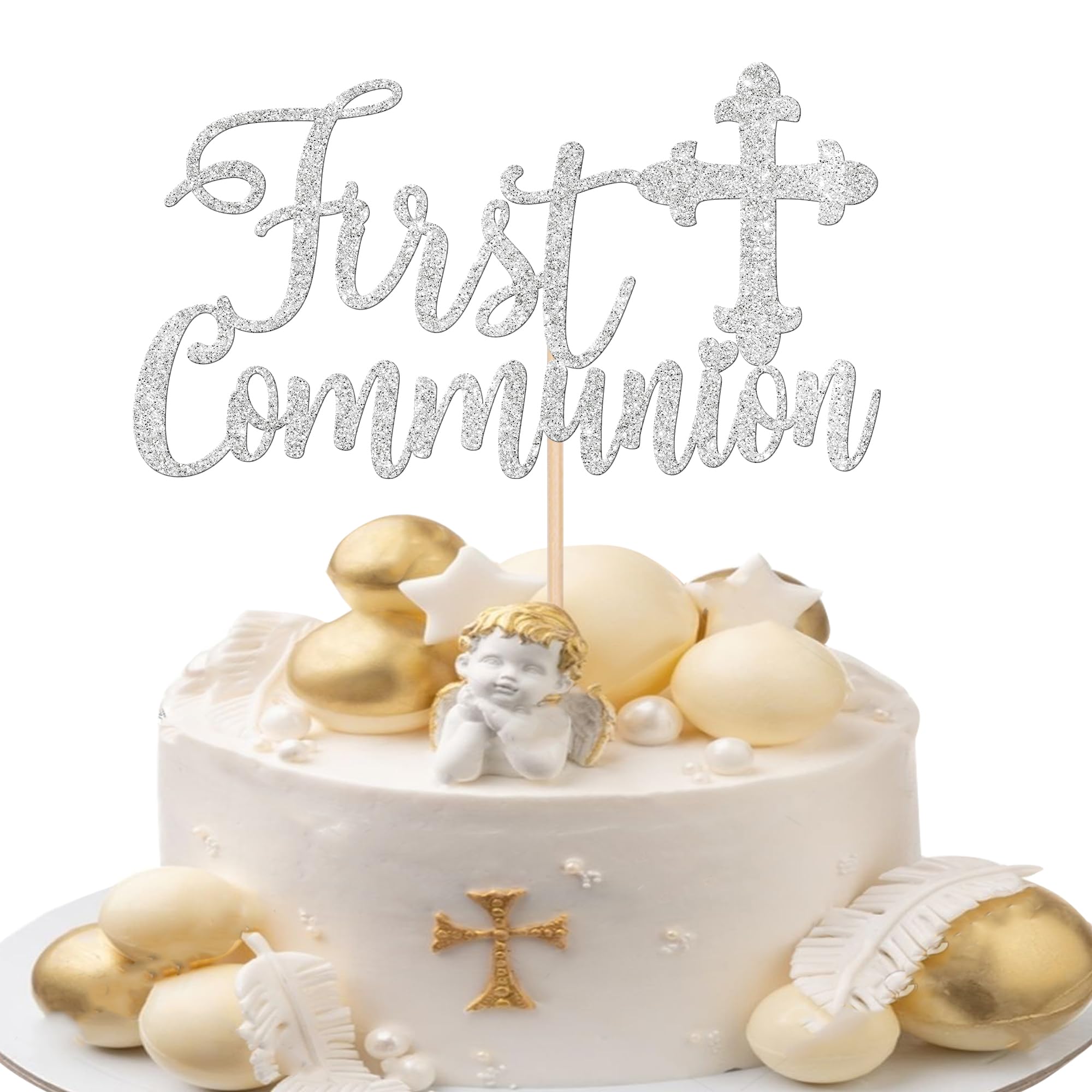 1 Pack Silver Glitter Cross Cake Topper - First Communion Cake Decoration, Baptism, Baby Shower & Birthday Party Supplies - Perfect for Religious Celebrations & Themed Events