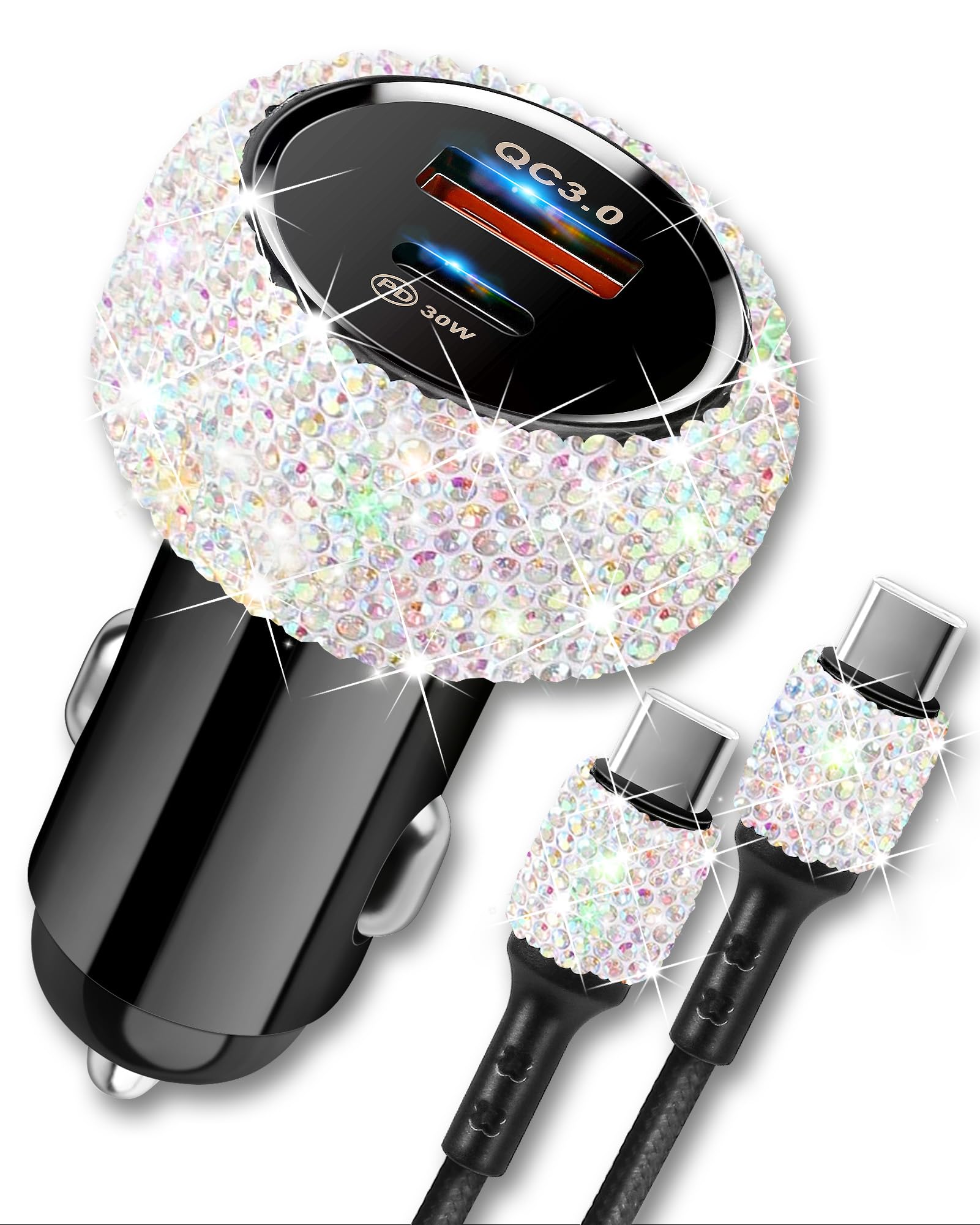 48W PD QC Fast Car Charger with USB-C Cable - Dual Port USB C Car Adapter for iPhone 16/15 Pro Max, iPad, Samsung Galaxy & Android Phones - Multi-Color Bling Design (Perfect for Road Trips & Daily Commute)