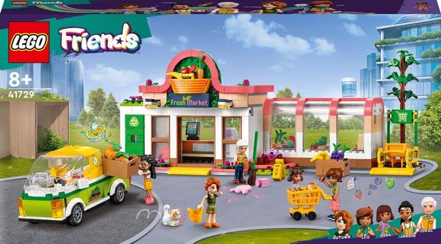 LEGO 41729 Friends Organic Supermarket Toy Set with Shopping Carts & Truck, 4 Mini Dolls & Characters for Kids Ages 8+ (2023 Edition) – Perfect for Pretend Play, Birthday Gifts & Creative Building Fun
