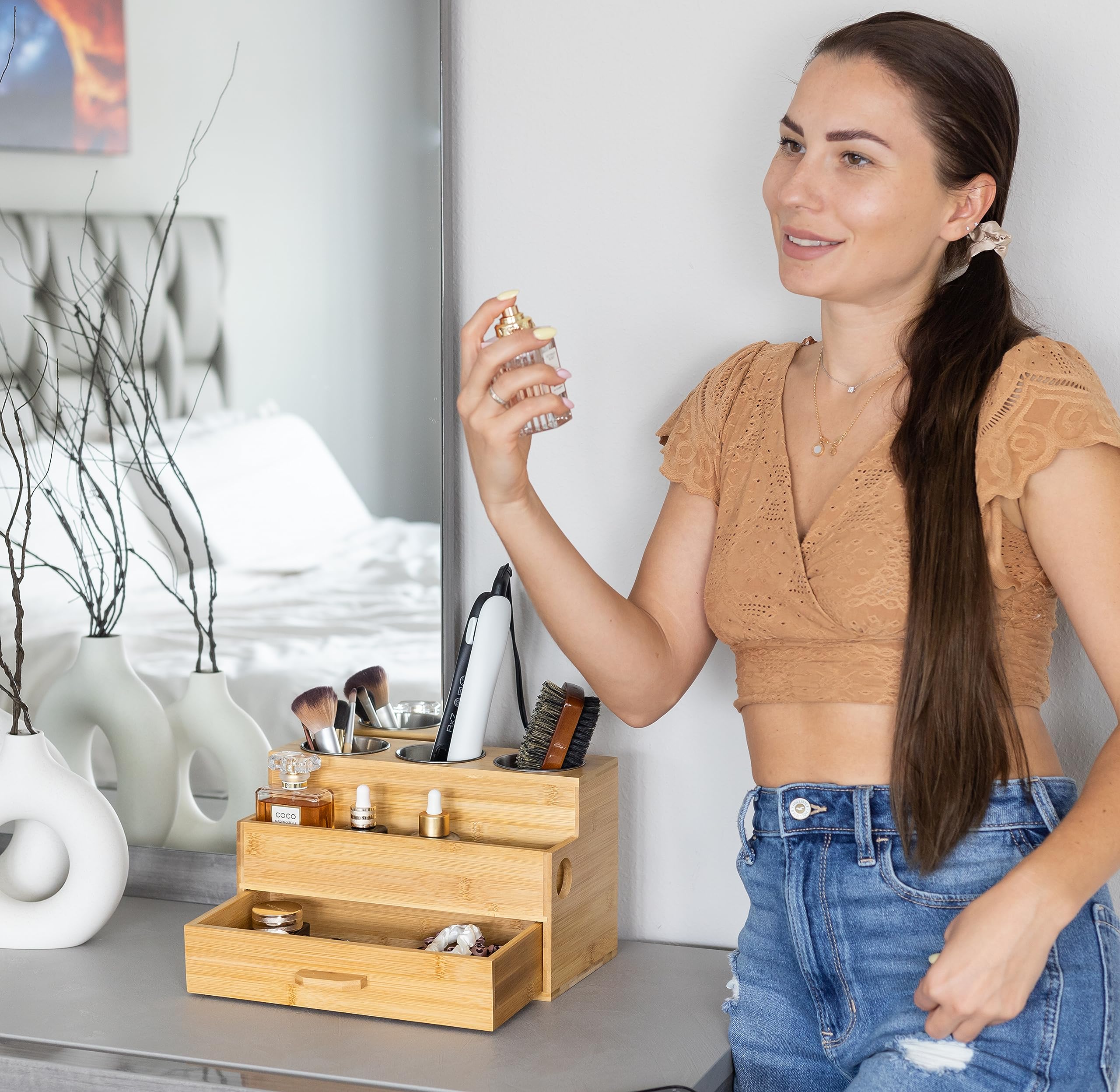 Bamboo Hair Tool Organizer - Styling Holder & Vanity Caddy for Blow Dryer, Accessories, Makeup & Toiletries | Bathroom Countertop Storage Stand for Hair Styling & Beauty Essentials