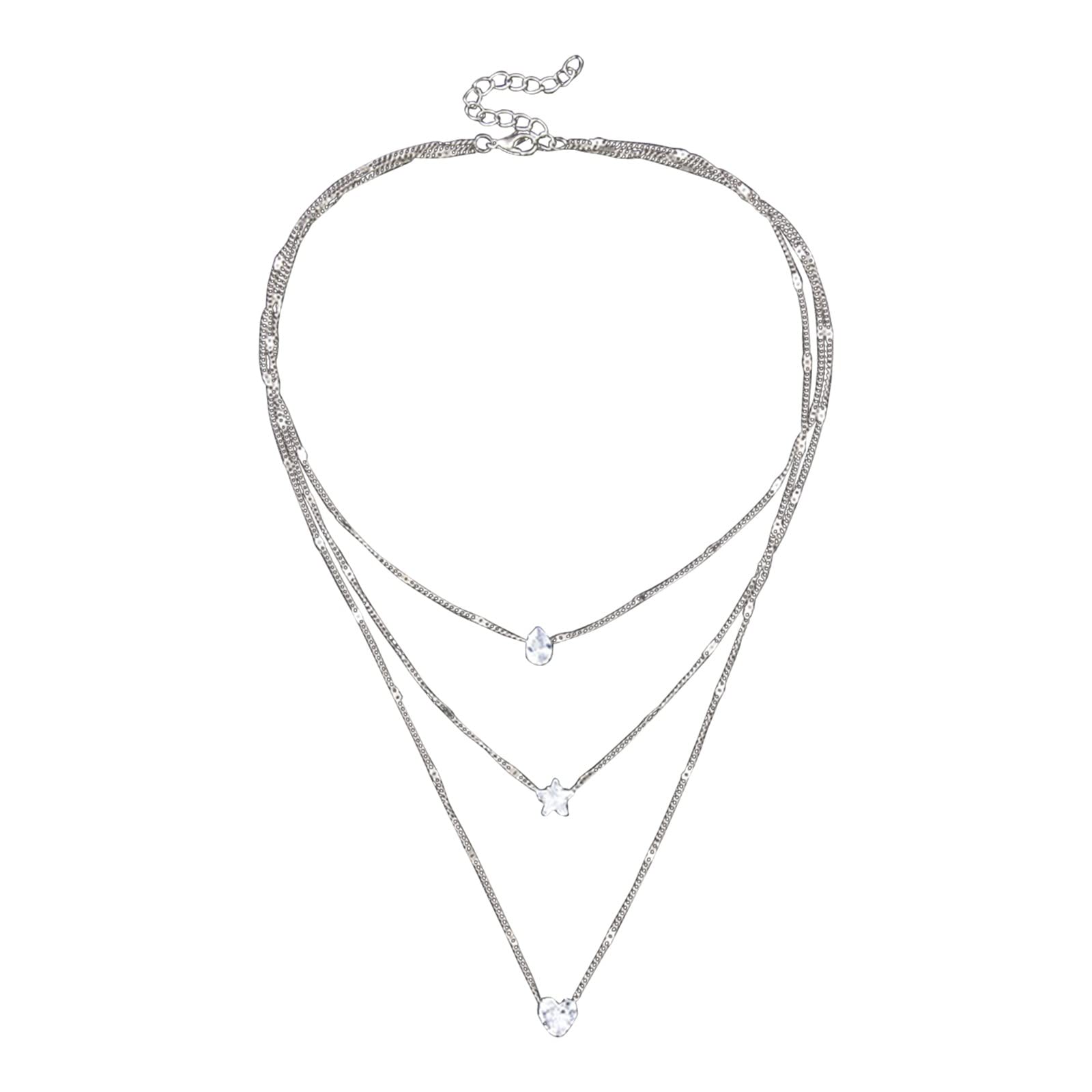 Sparkling Star & Heart Rhinestone Pendant Necklace for Women - 3 Layer Zircon Crystal Drop Chain Jewelry - Elegant Cleavage Necklace for Date Night & Special Occasions