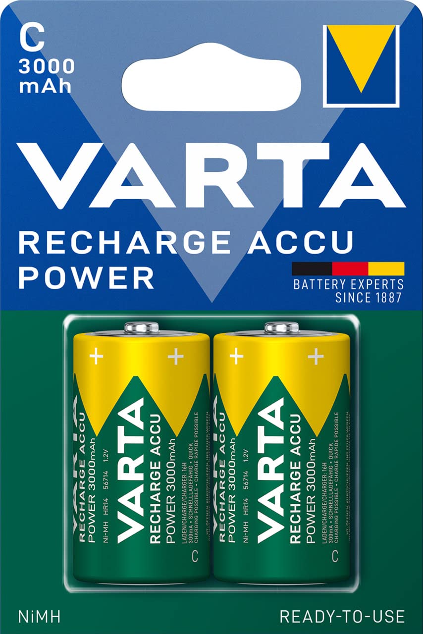 Varta High Capacity C Pre-Charged Rechargeable Batteries 3000mAh - 2 Pack for Flashlights, Toys, and Emergency Power Backup