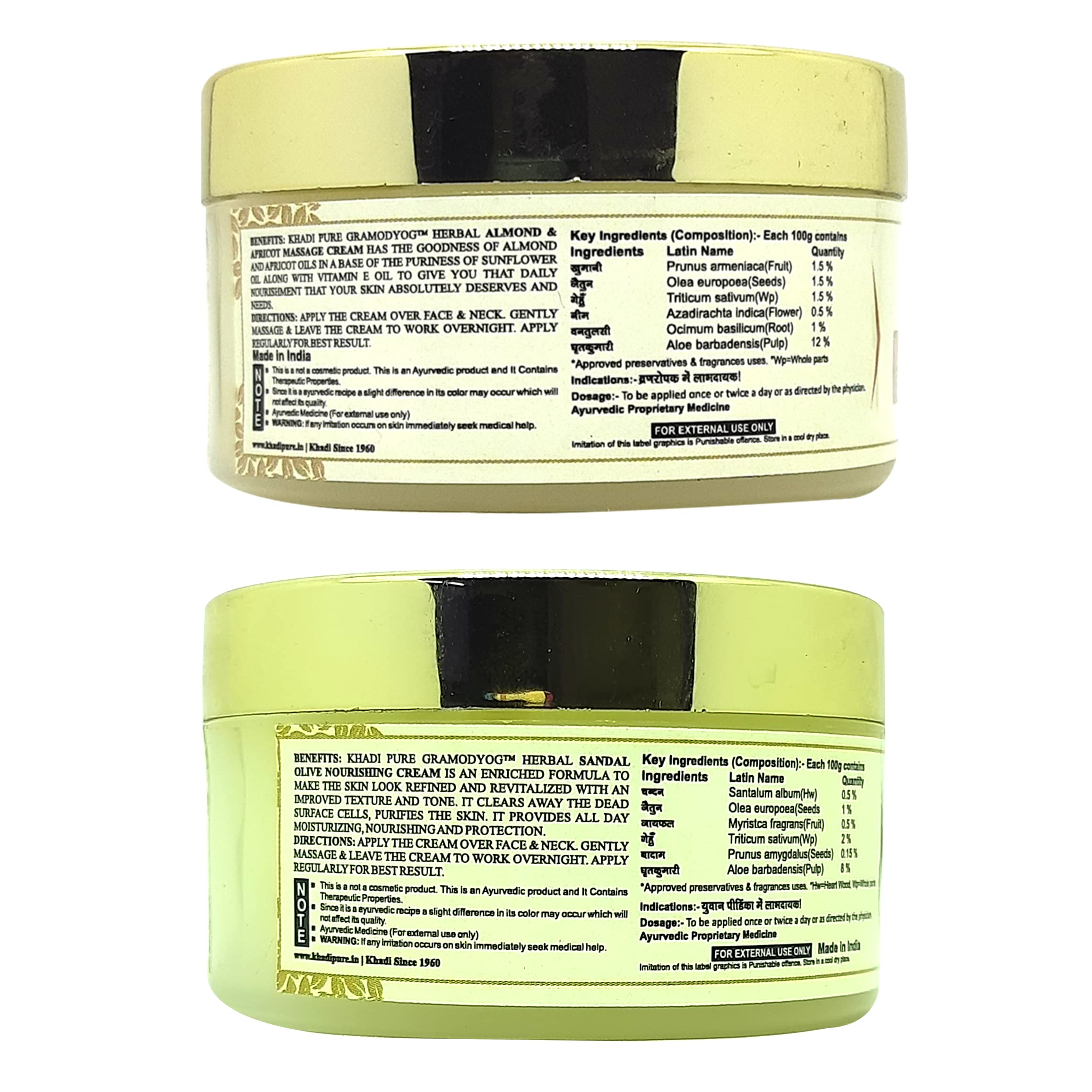 Khadi Pure Almond Apricot Massage & Sandal Olive Nourishing Cream - 50g (Pack of 2) | Organic Skincare for Dry Skin, Body Moisturizer for Women & Men | Perfect for Daily Hydration & Spa Treatments