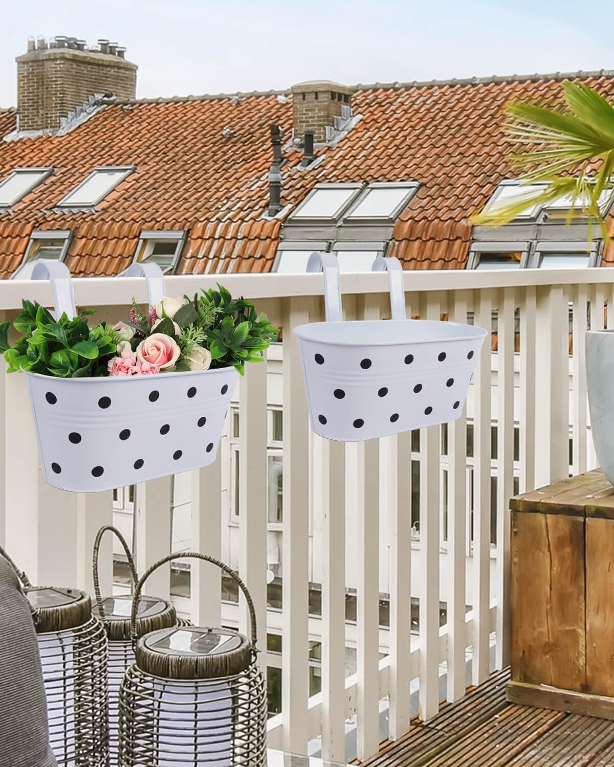 Vensovo 3 Pack Metal Railing Planter Box - Oval Hanging Flower Pots with Detachable Hooks & Drain Holes for Balcony, Garden Fence, Deck - White with Spot (Perfect for Outdoor Plants, Herbs & Flowers)