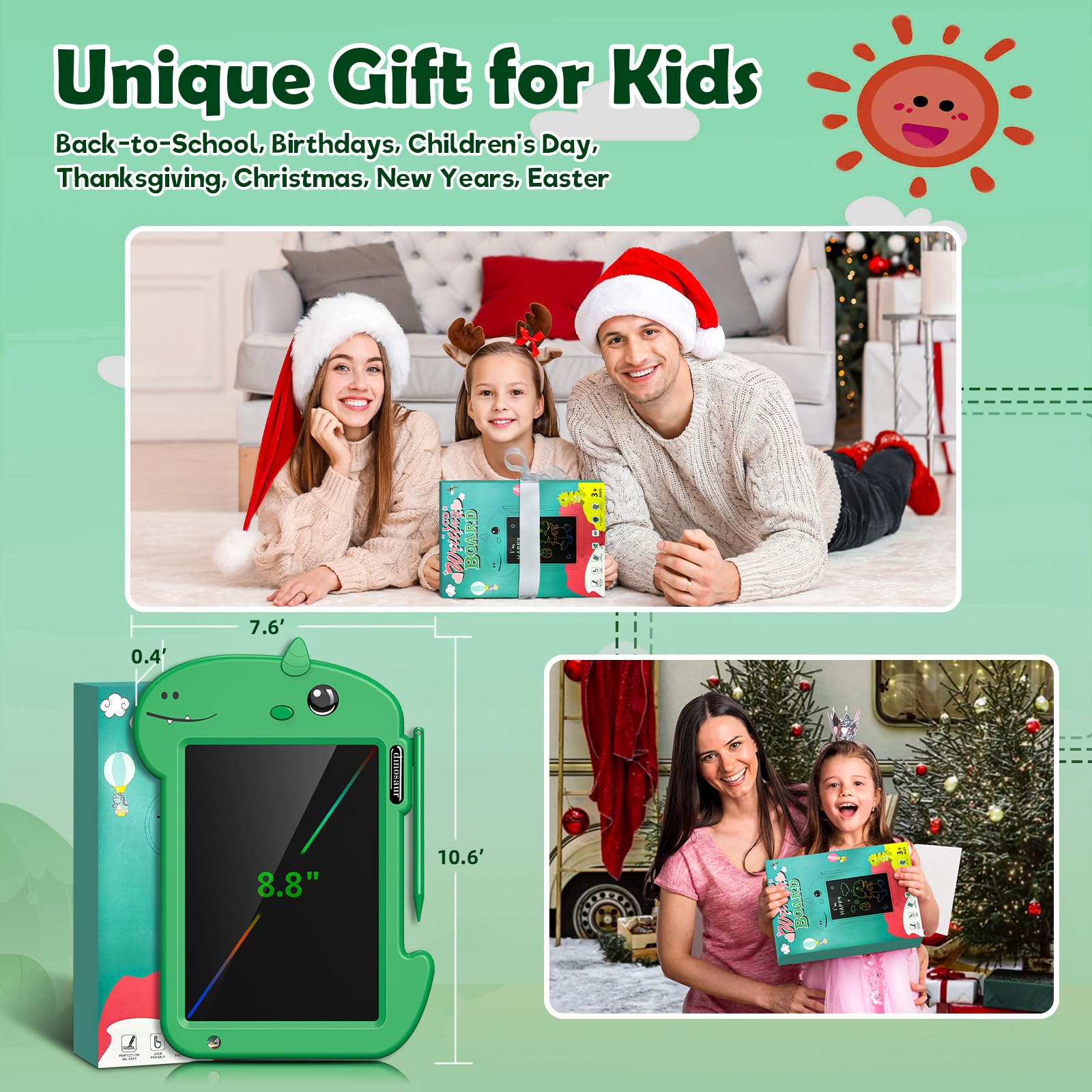 8.8 Inch LCD Writing Tablet for Kids - Doodle Board Drawing Pad for Boys & Girls Ages 3-8 | Dinosaur-Themed Educational Toy | Perfect Birthday & Christmas Gift (Green) - Ideal for Home, School & Travel Use