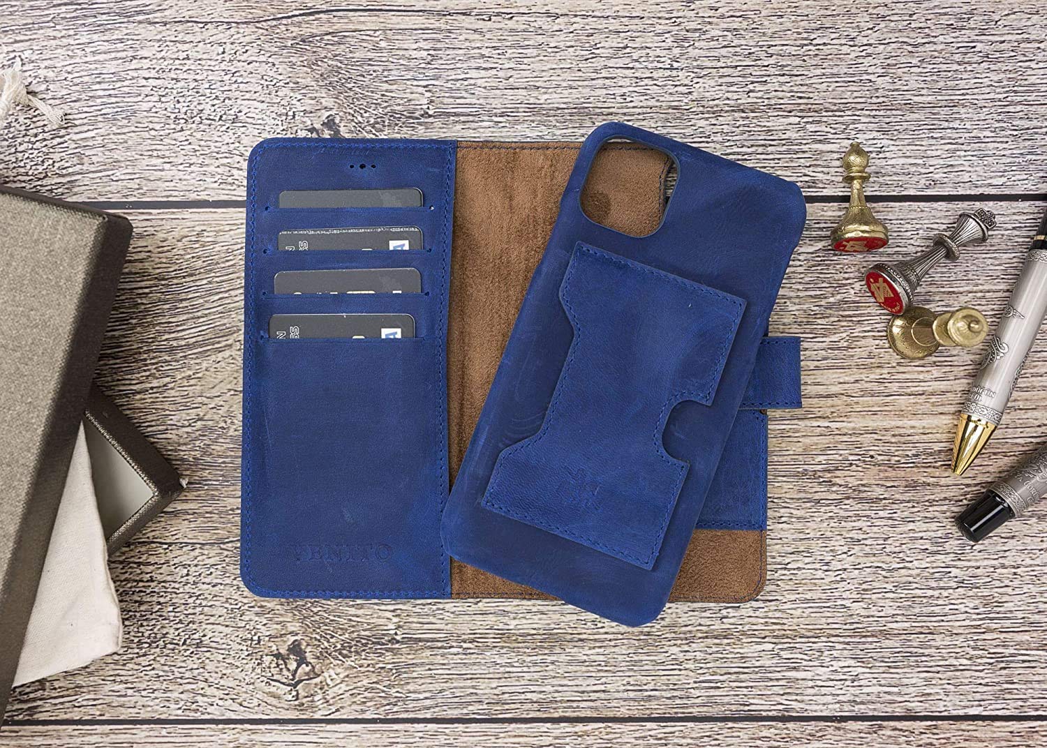 Venito Florence Genuine Leather Wallet Phone Case for iPhone 12/12 Pro (6.1 inch) - RFID Blocking Protection - Detachable Card Holder - Perfect for Travel, Shopping & Everyday Use (Antique Dark Blue)