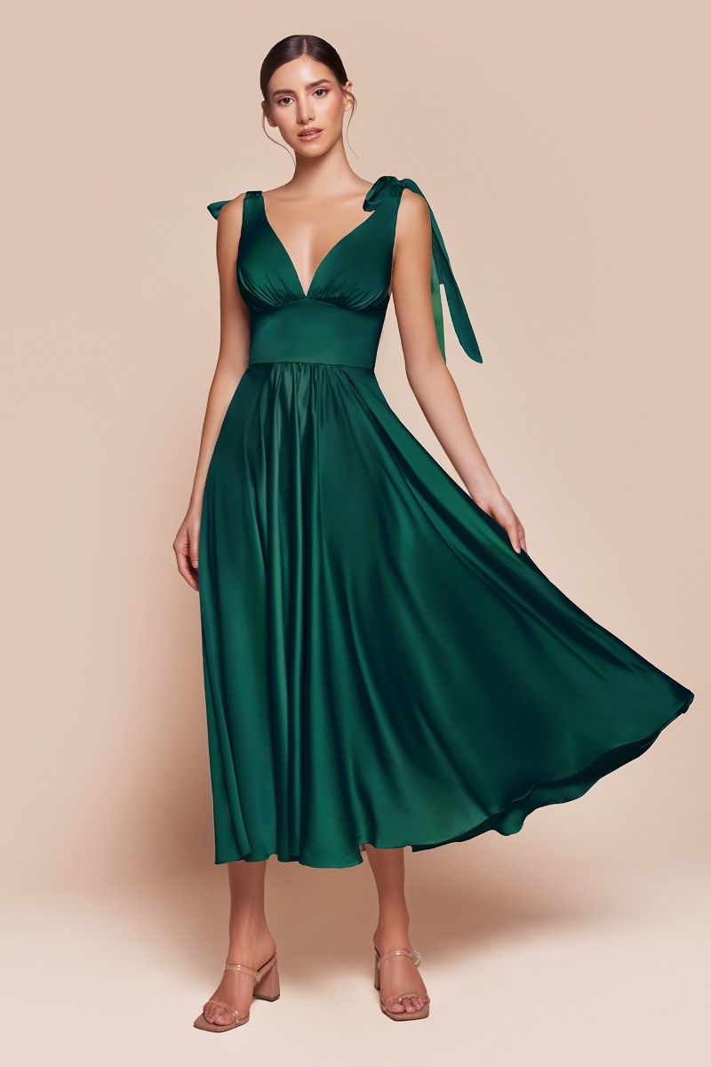 Elegant Maggie Midi Dress in Emerald Green - Tea Length Soft Satin A-Line Dress for Wedding Guest, Cocktail Party & Special Occasions