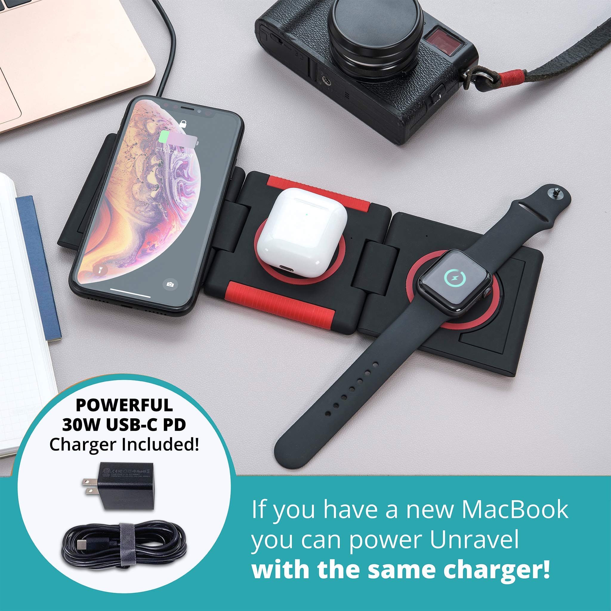 3-in-1 Foldable Wireless Charger for iPhone 15/14/13/12/11, Apple Watch Ultra/SE/Series 1-9 & AirPods Pro/Gen3 - 10W Fast Charging Station with Adapter & Cable - Glow LED Indicator - Perfect for Travel, Office & Nightstand Charging
