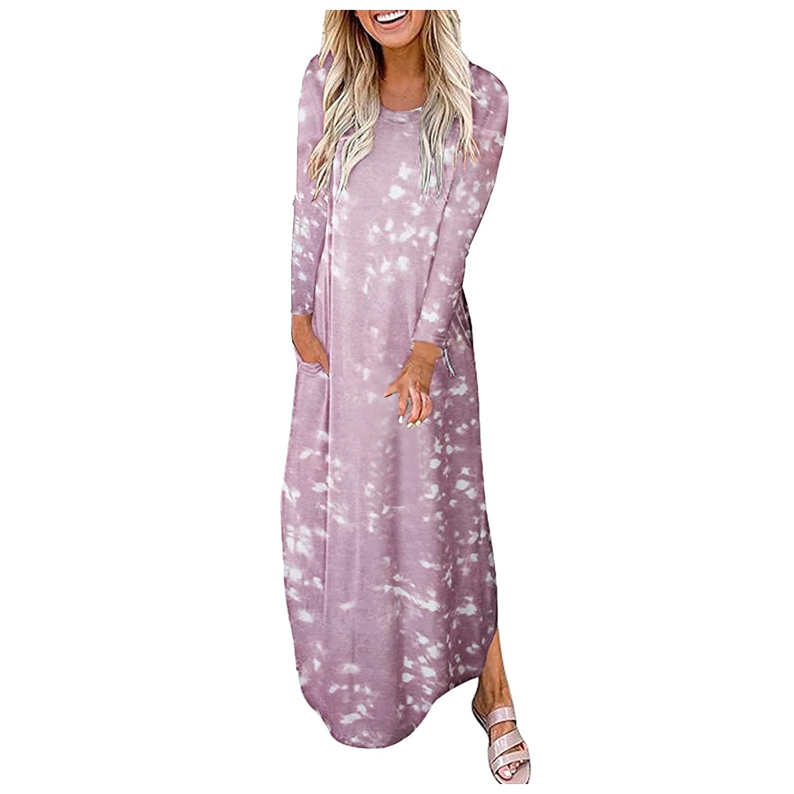 HAOREEKZ Women's Long Casual Dresses - Loose Fit Sexy Tie-Dye Long Sleeve Round Neck Slit Dress with Pockets | Fall Beach Wear & Everyday Outfits