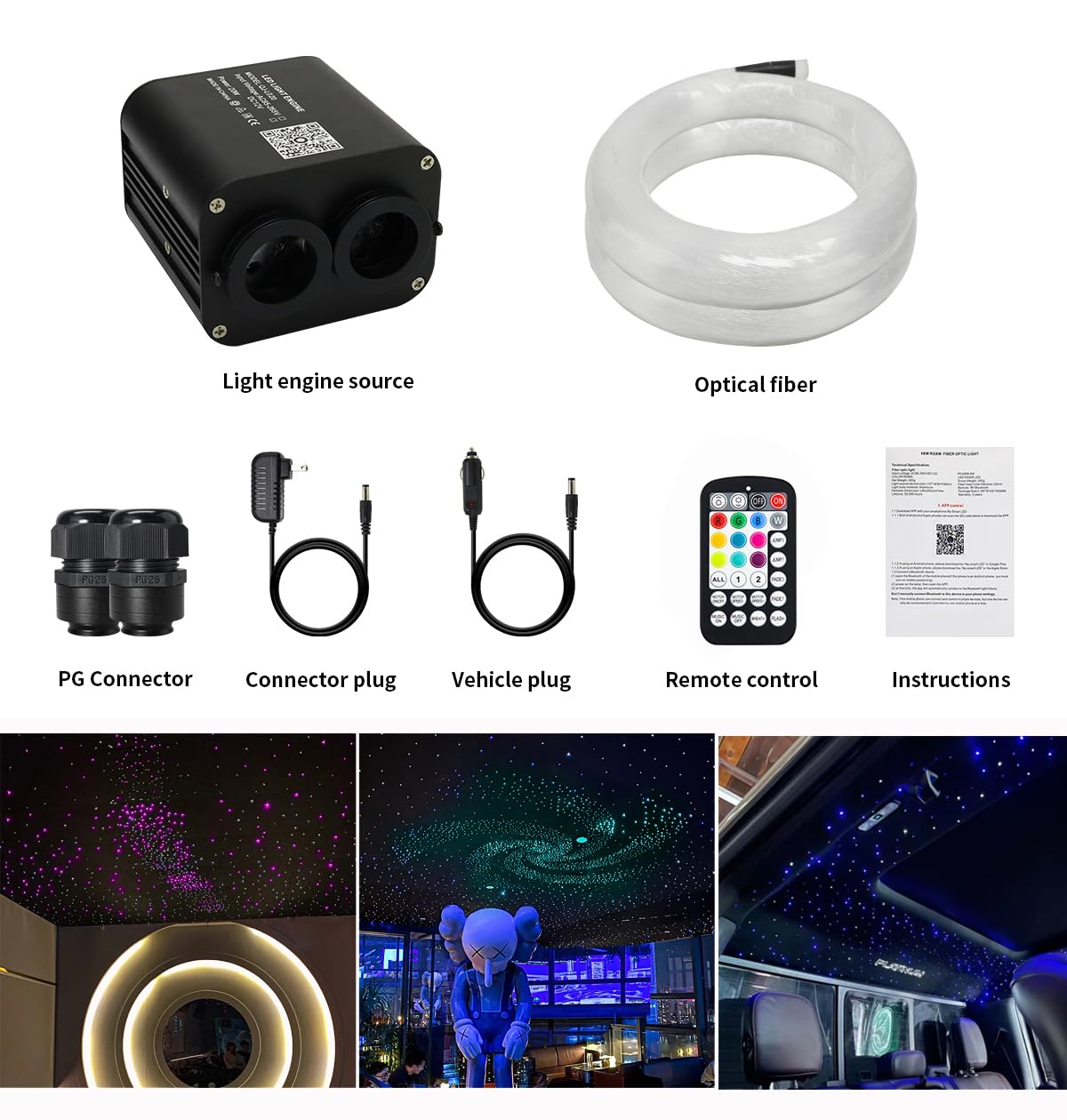 AZIMOM 20W Twinkle Fiber Optic Star Ceiling Kit - 1200pcs 0.03in End Glow Strands, 13.1ft Length, RGBW Sound-Activated Lights with Remote & App Control for Home & Car Decor | Bedroom, Theater, Party Lighting