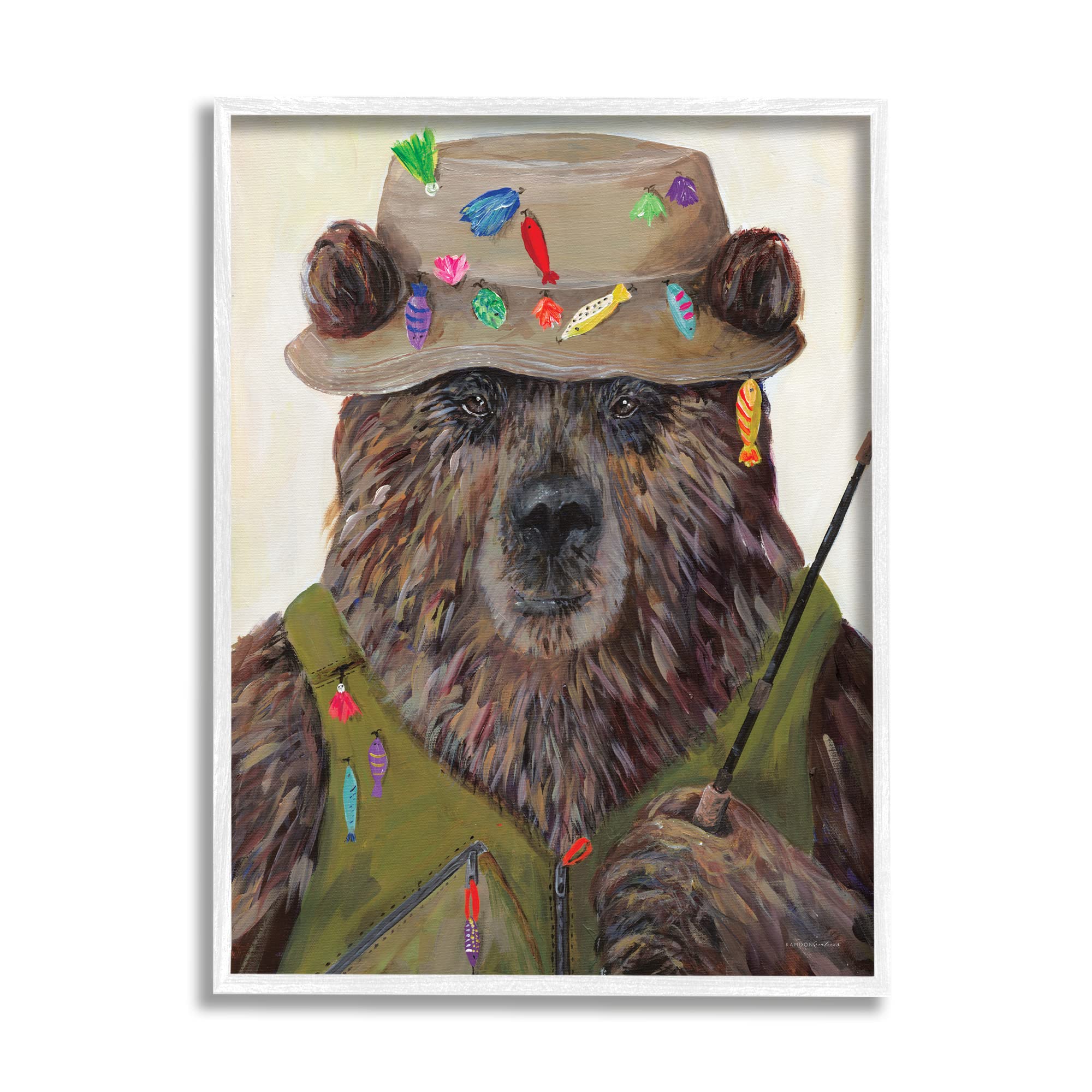 Stupell Industries Fisherman Outfit Brown Grizzly Bear Fishing Pole - Handmade Wooden Wall Art by Kamdon Kreations - Perfect for Cabin, Lodge & Outdoor Decor
