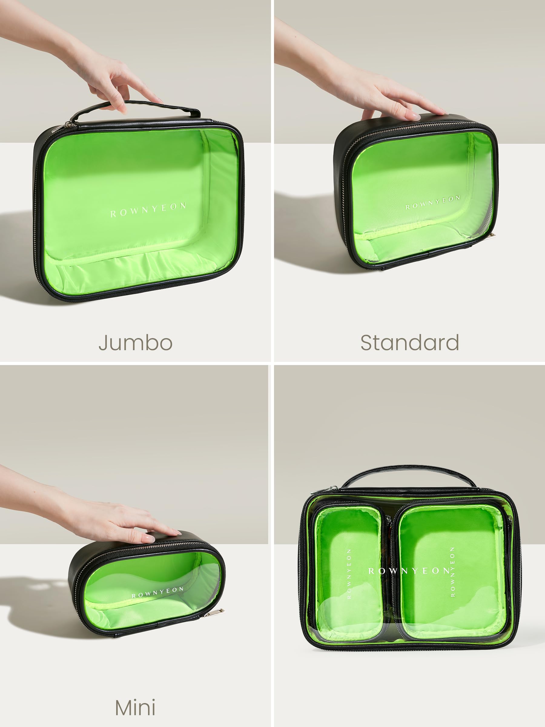 ROWNYEON 3-Piece Waterproof Clear Makeup Travel Case Set - Transparent Toiletry Bag for Women & Girls, Zippered Cosmetic Organizer with Handle (Black) - Perfect for Airplane Carry-On, Gym, Vacation & Daily Use
