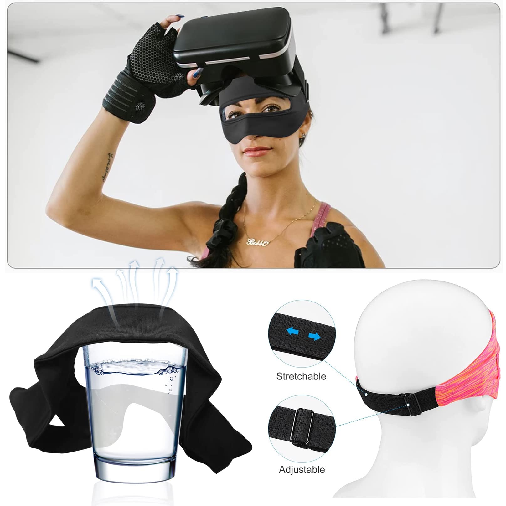BiiKoon Adjustable Breathable VR Eye Mask & Sweat Band Face Cover for Virtual Reality Headsets - Comfortable for Adults & Kids (3-Piece Set, Pink) - Perfect for Gaming, Meditation & Travel Accessories