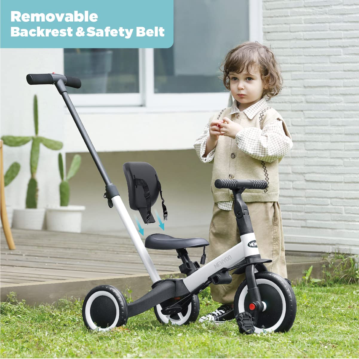 Newyoo 4-in-1 Toddler Tricycle for 1-3 Year Olds - Convertible Balance Bike with Parent Push Handle & Removable Pedals - White (TR007) - Perfect First Bike for Boys & Girls - Ideal for Indoor Play, Outdoor Rides & Birthday Gifts