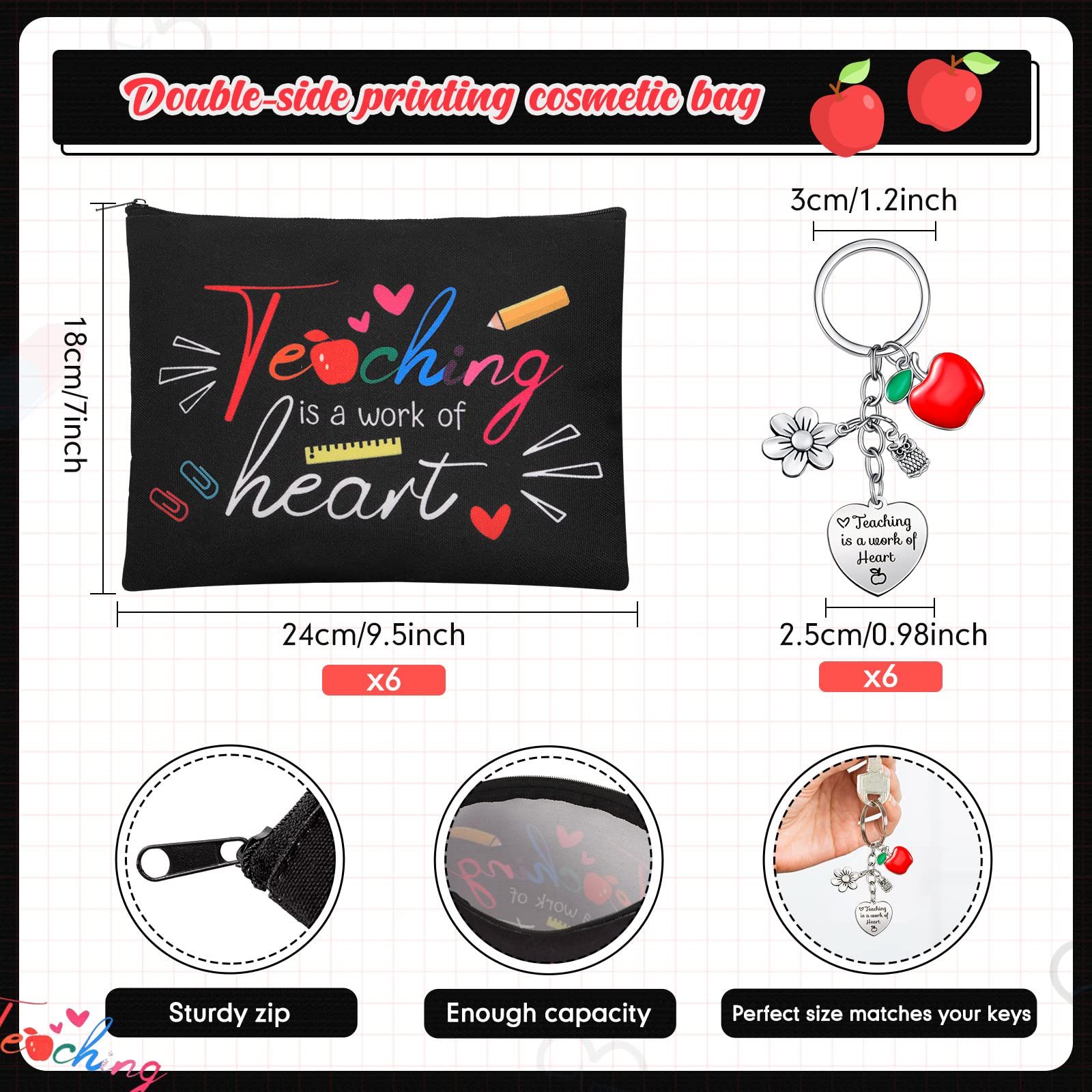 12 PCS Teacher Appreciation Gift Set - 6 Cosmetic Makeup Bags & 6 Keychains - Perfect for Valentine's Day, Graduation, Thank You Gifts - Ideal for Teachers, Students, Coworkers (Fresh Style)