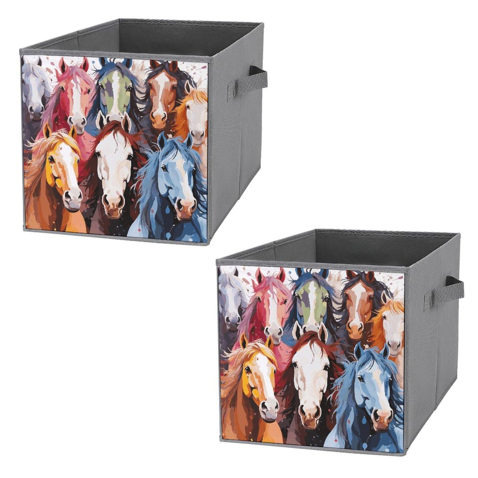 2-Pack Collapsible Fabric Storage Bins with Handles - Foldable Organizer Baskets for Clothes, Toys & Home Organization | Colorful Cartoon Horse Design | Perfect for Bedroom, Closet & Nursery Storage