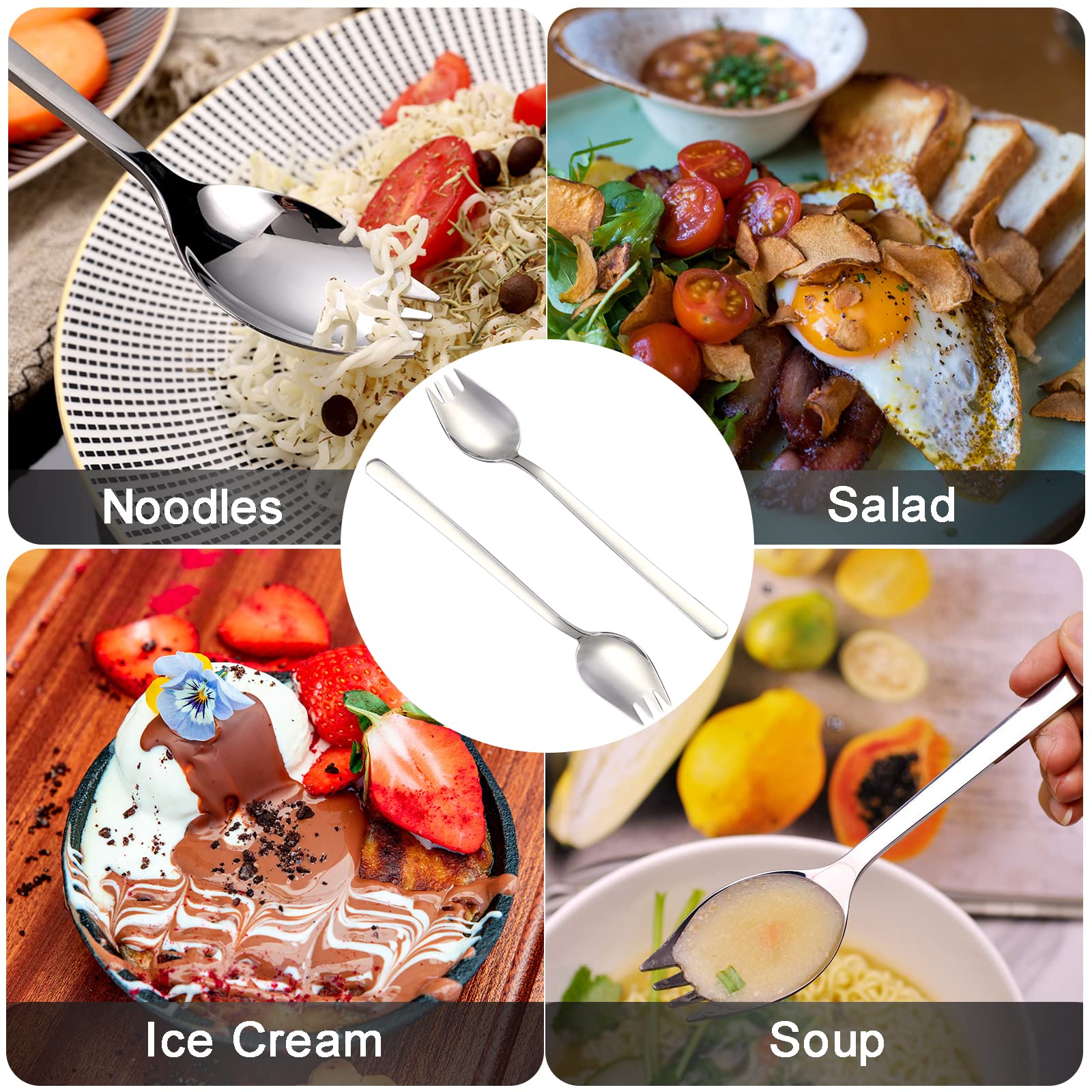 6-Piece Stainless Steel Spork Set - 18/10 Metal Salad Sporks, 7.9