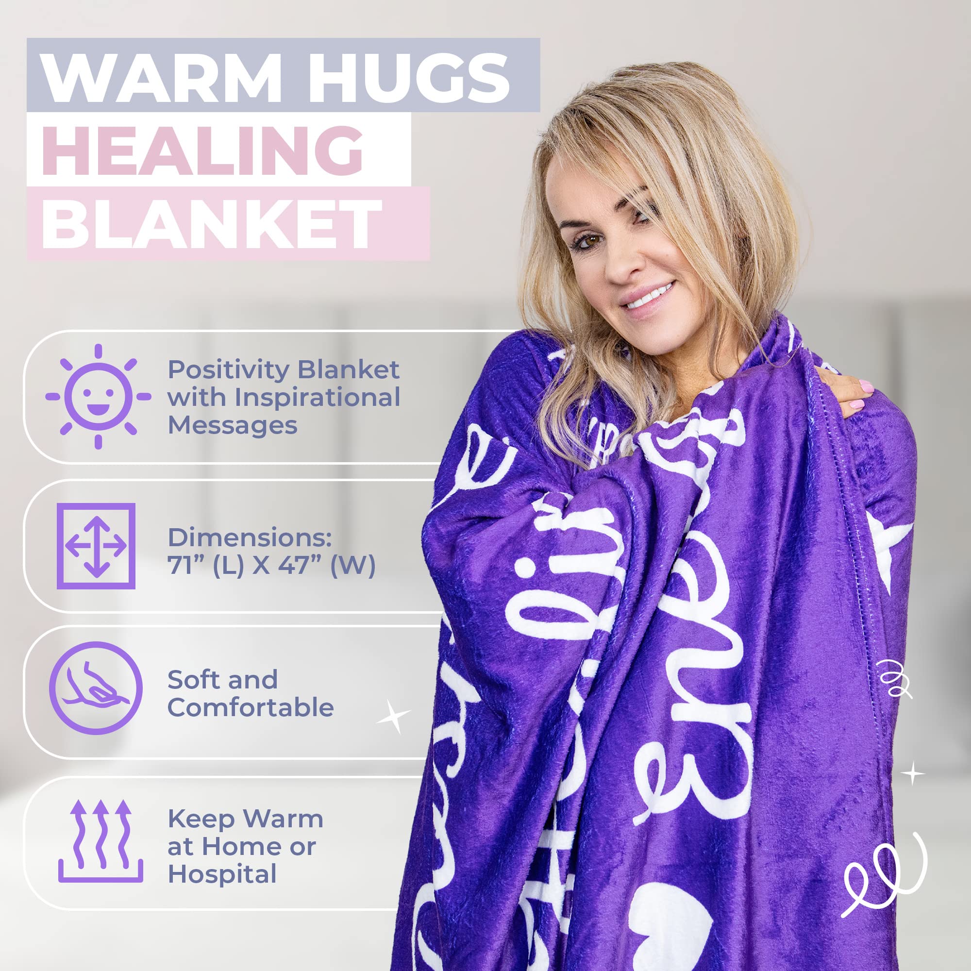 Chemo Care Package for Women - Thoughtful Cancer Patient Gift Set with Travel Mug & 47x71 Inch Purple Healing Blanket | Get Well Soon Gifts for Hospital, Recovery & Comfort