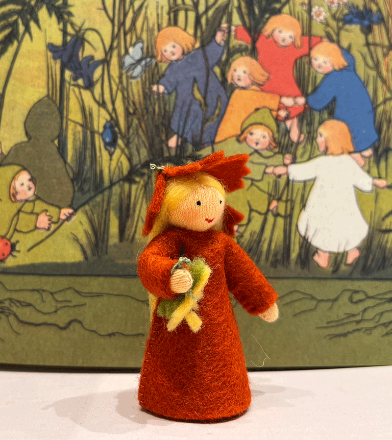 Handmade Waldorf Felt Doll - Autumn Leaf Design for Olive Skin Tones | Perfect Waldorf Education Toy, Nature-Inspired Play & Seasonal Home Decor