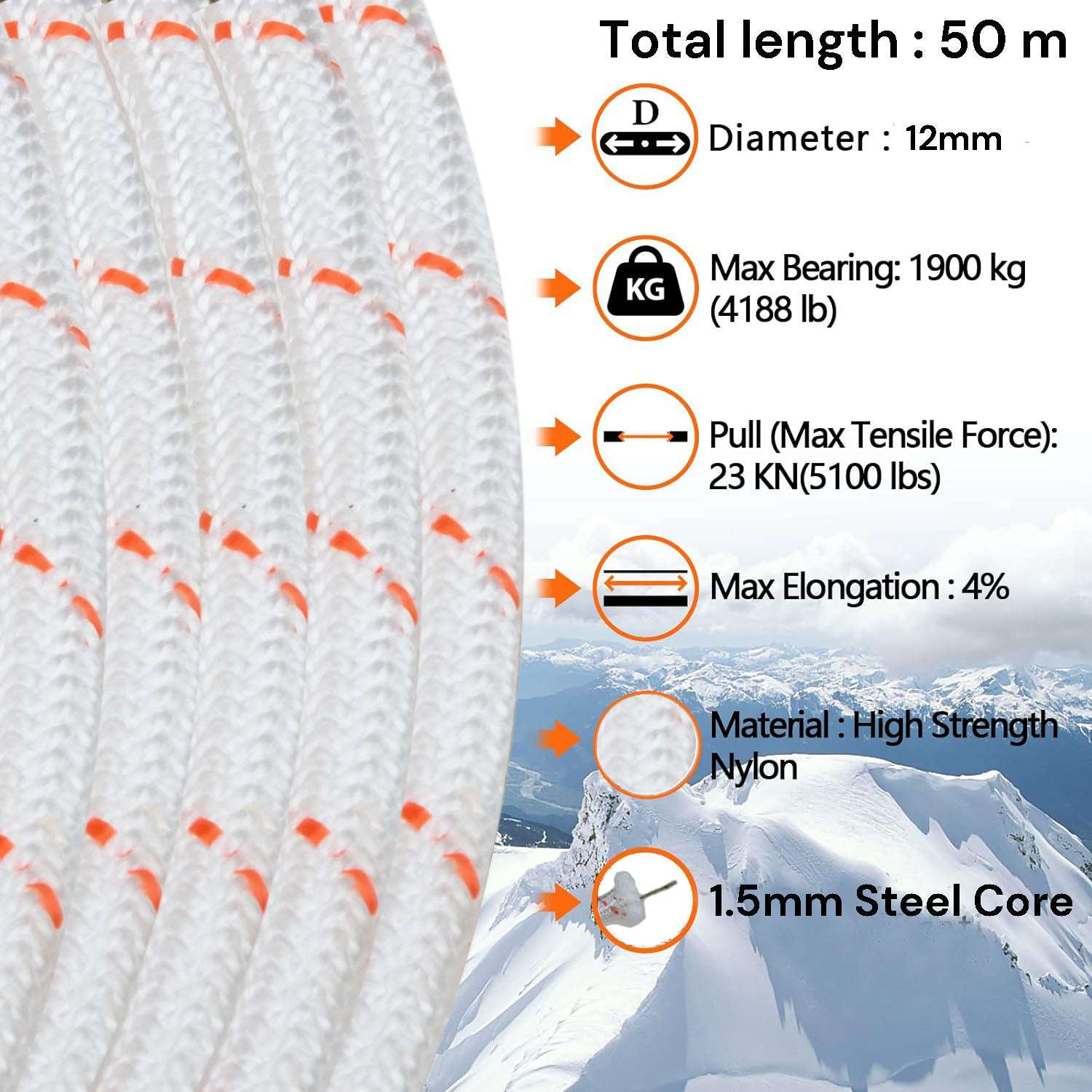 12mm x 50m Heavy Duty Nylon Static Climbing Rope - Outdoor Rock Climbing, Boat Anchor Line, Marine Dock Rope - Perfect for Mountaineering, Sailing, and Water Sports Activities