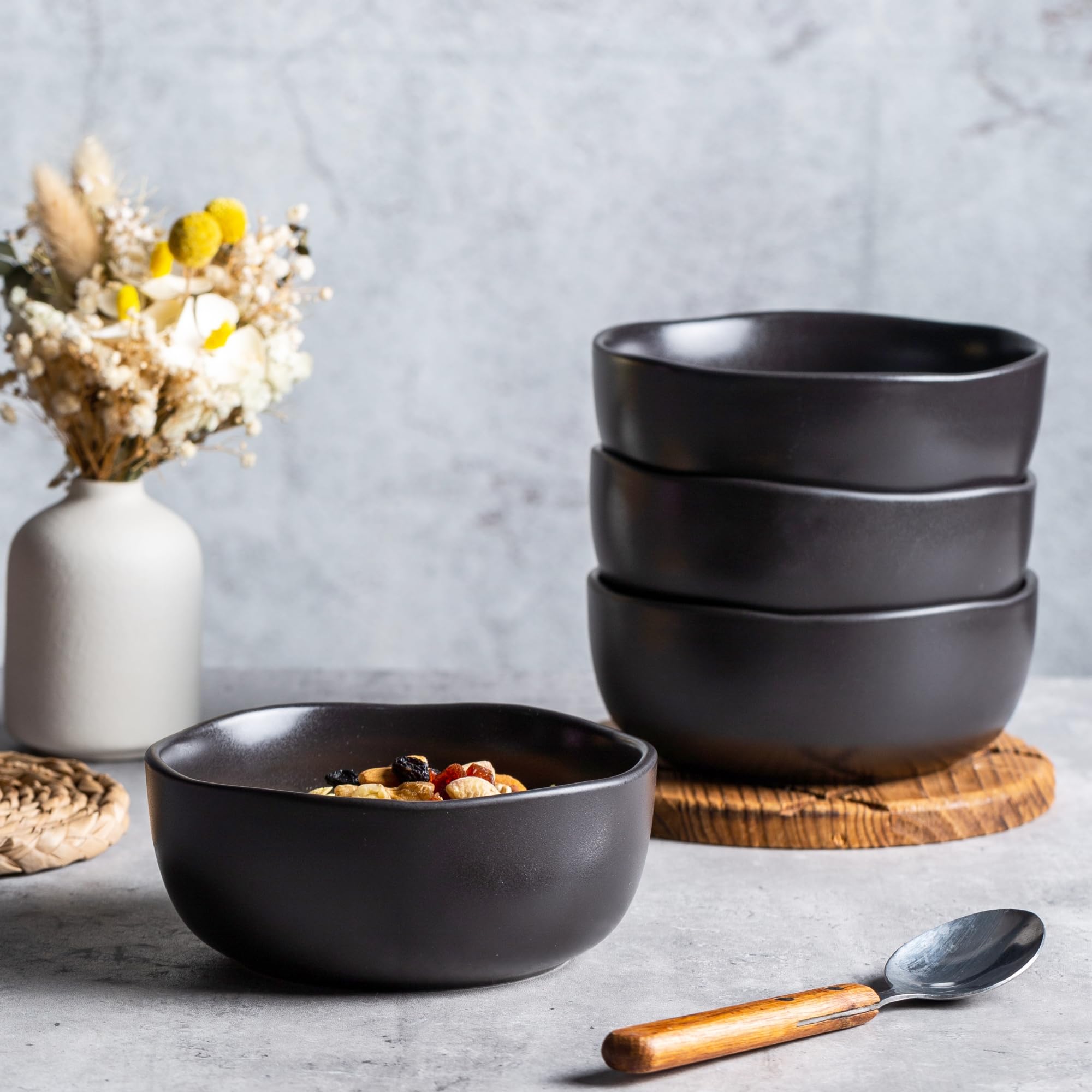 AmorArc 28oz Stoneware Cereal & Soup Bowls Set of 4 - Microwave, Oven & Dishwasher Safe Ceramic Kitchen Bowls with Wavy Rim - Matte Black for Breakfast, Lunch & Dinner Serving