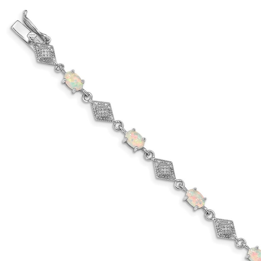 925 Sterling Silver Women's Safety Bar Box Clasp Bracelet with White Simulated Opal - 7 Inch 6mm Wide Polished Link Bracelet for Everyday Wear & Special Occasions
