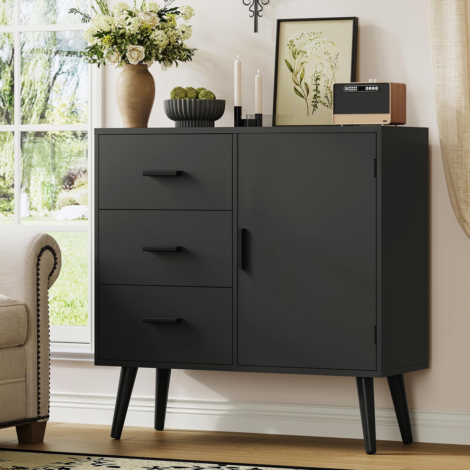 Iwell 3-Drawer Black Storage Cabinet with Adjustable Shelf - Sideboard Buffet Cabinet for Entryway, Living Room & Dining Room - Modern Organizer for Home Decor & Storage Solutions