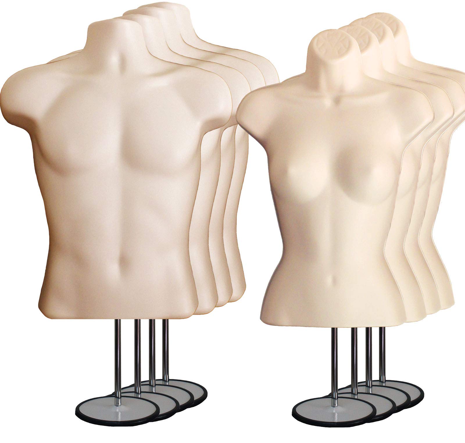 Realistic Male & Female Hollow Back Mannequin Torso Set with Adjustable Metal Stand - Size S/M (4-Pack) for Fashion Display, Photography, and Retail Store Visual Merchandising