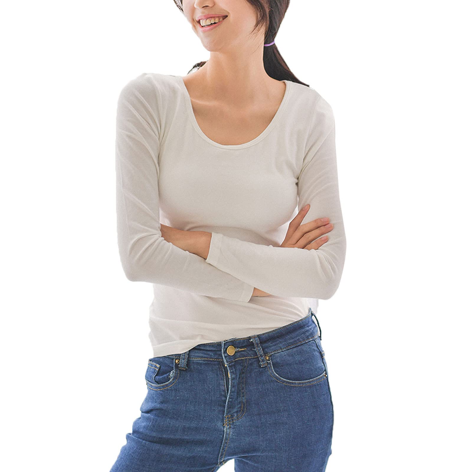 Women's Slim Fit Long Sleeve T-Shirt with Built-in Bra & Chest Pads - Summer Stretch Basic Top (White, 2XL) | Perfect for Yoga, Workouts & Casual Wear